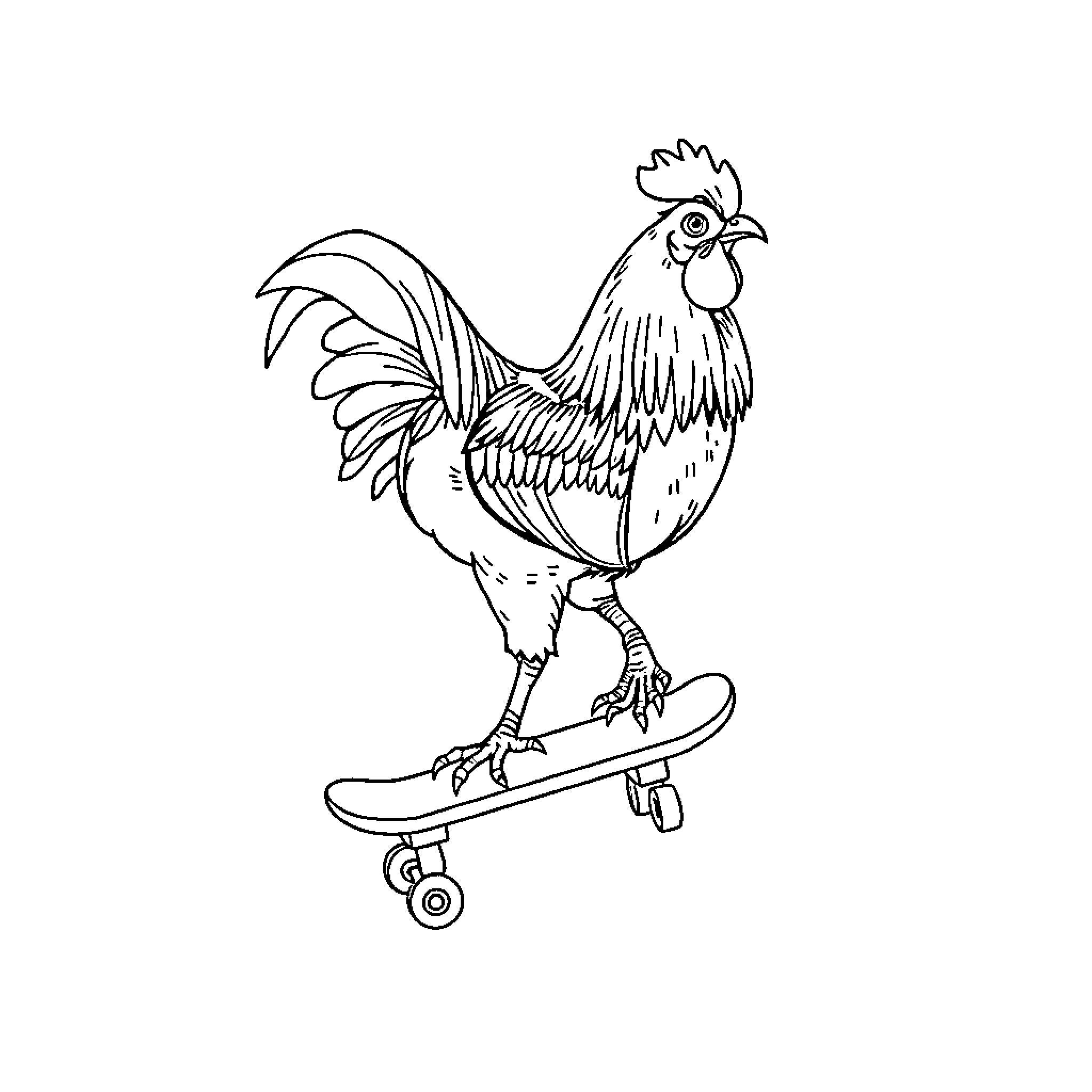 Rooster riding a skateboard Coloring Page (free black-and-white line drawing printable PDF for all, from beginners to advanced learners, including children, teens, adults, and seniors)