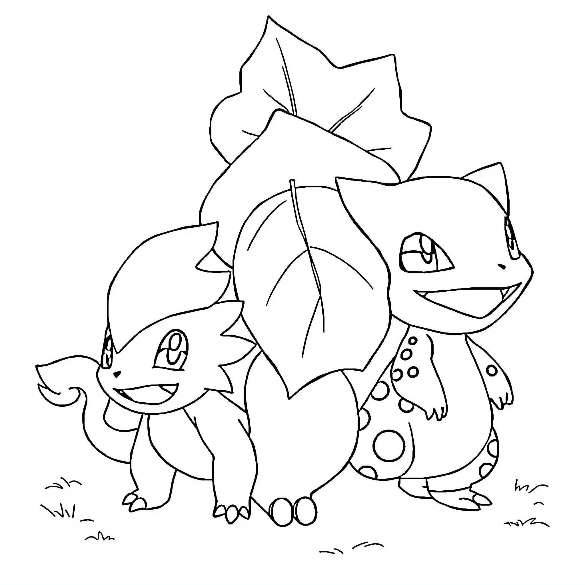Bulbasaur playing with their friends in the nature Coloring Page (free black-and-white line drawing printable PDF for all, from beginners to advanced learners, including children, teens, adults, and seniors)