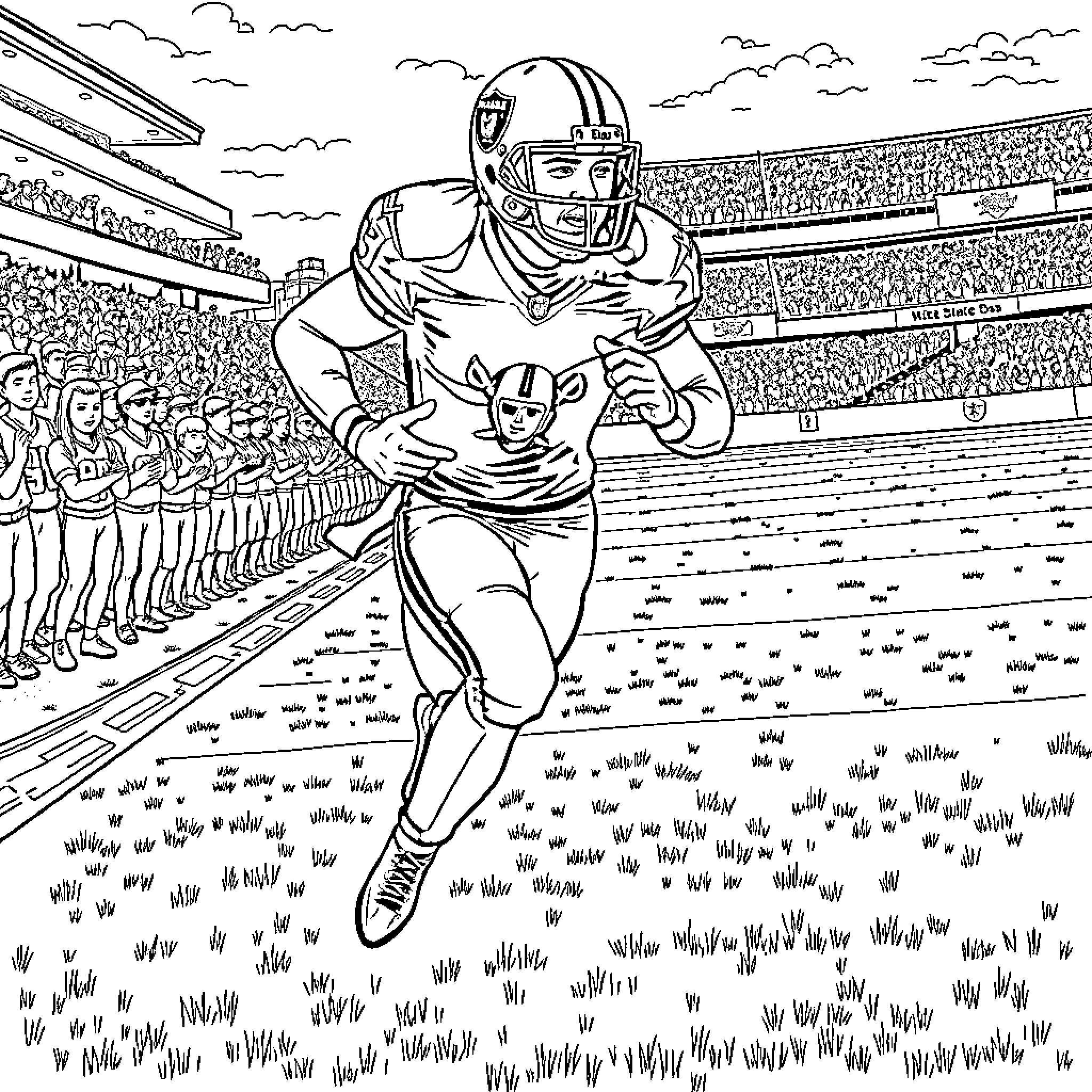 Raider Sprinting on the Football Field Coloring Page (free black-and-white line drawing printable PDF for all, from beginners to advanced learners, including children, teens, adults, and seniors)