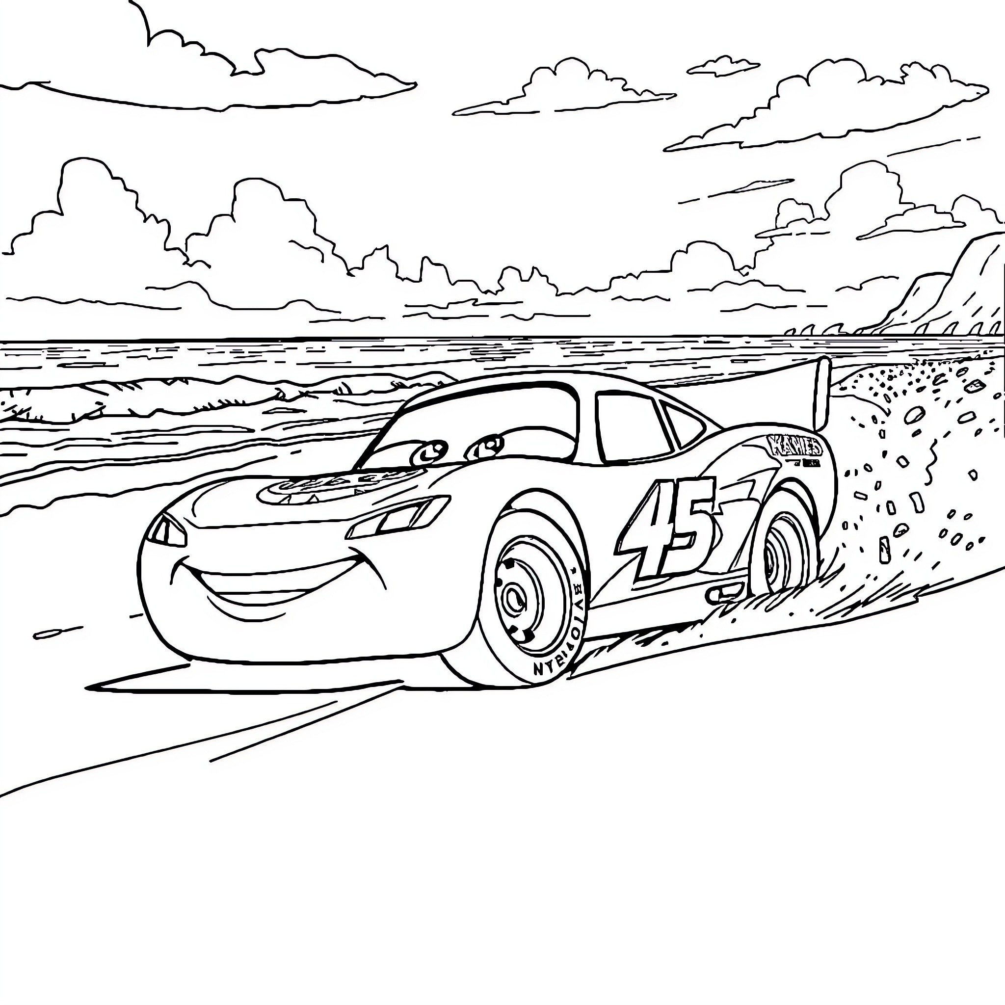 Lightning McQueen racing on the desert track Coloring Page (free black-and-white line drawing printable PDF for all, from beginners to advanced learners, including children, teens, adults, and seniors)
