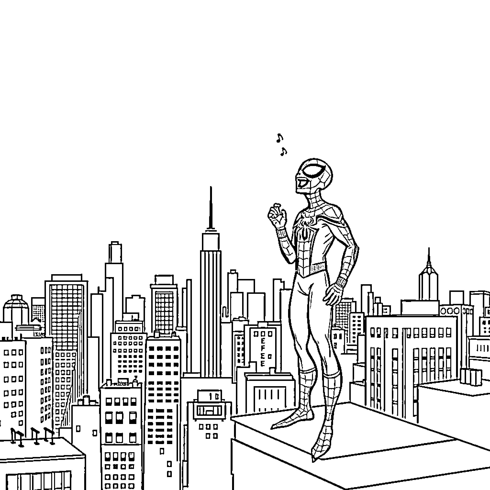 Spiderman Swings through the City Skyline Coloring Page (free black-and-white line drawing printable PDF for all, from beginners to advanced learners, including children, teens, adults, and seniors)
