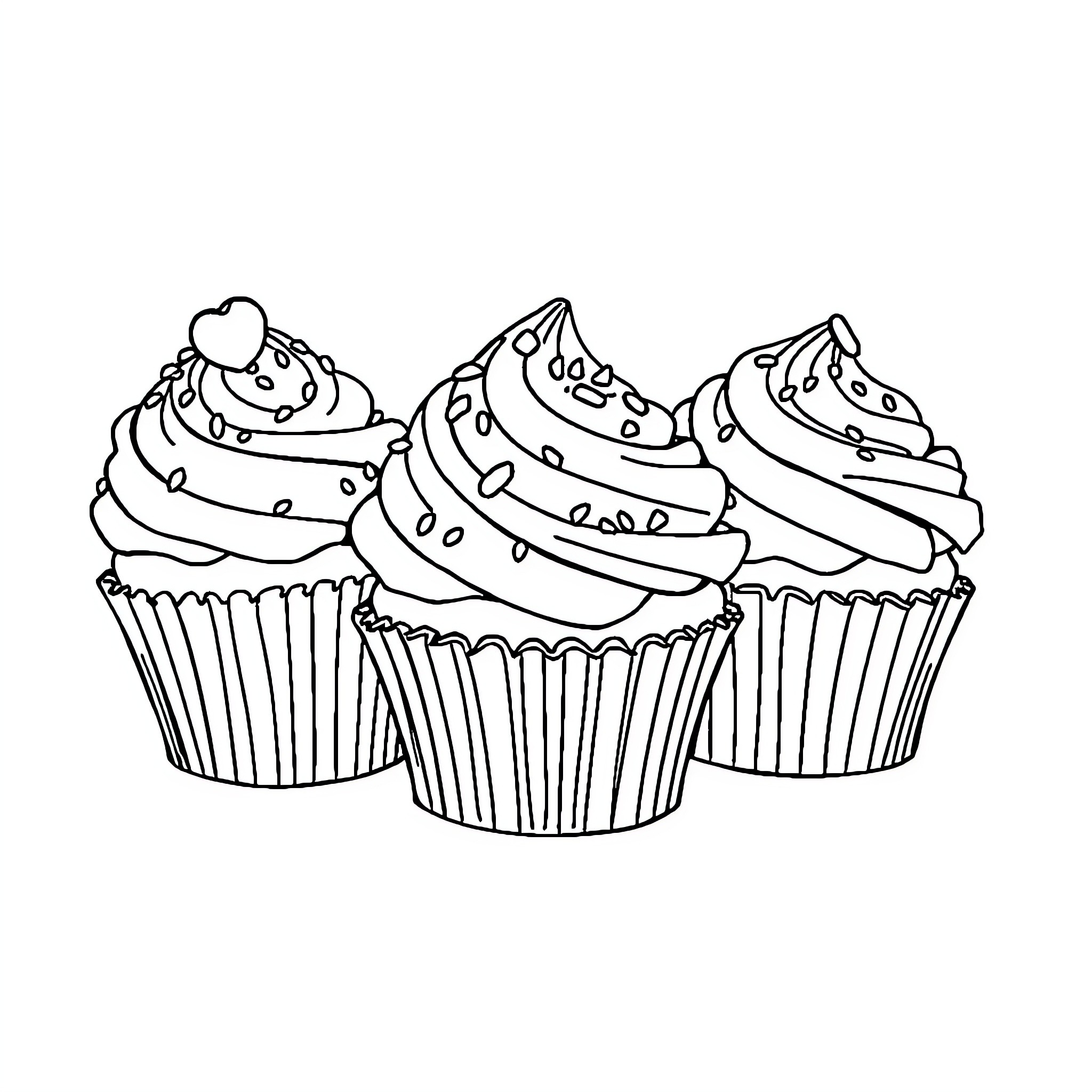 Cupcakes with decorative toppings Coloring Page (free black-and-white line drawing printable PDF for all, from beginners to advanced learners, including children, teens, adults, and seniors)