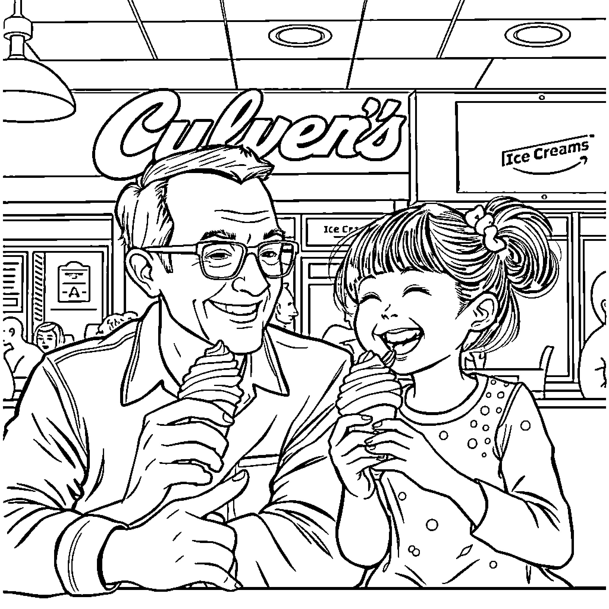 Man and child enjoying ice cream together Coloring Page (free black-and-white line drawing printable PDF for all, from beginners to advanced learners, including children, teens, adults, and seniors)