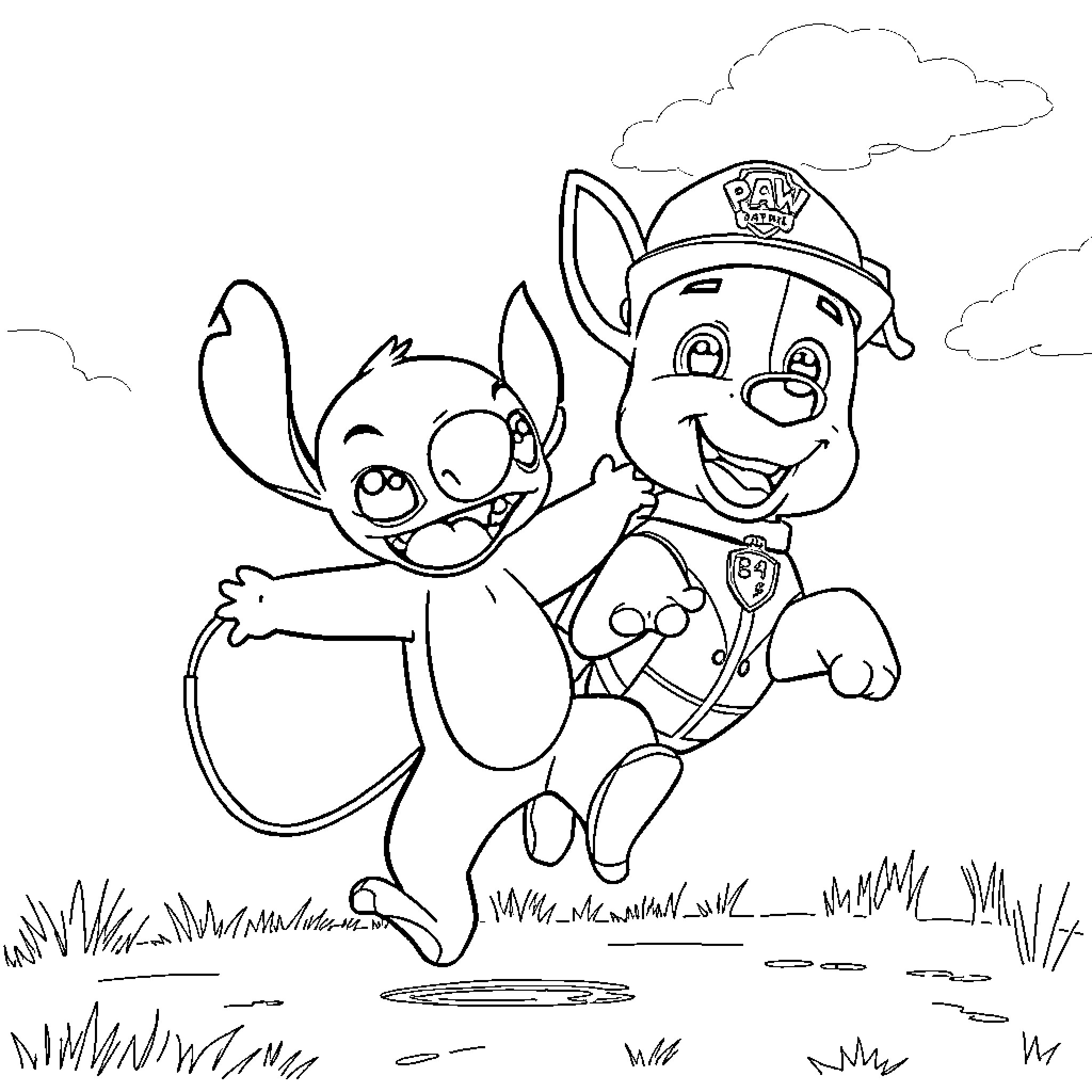 Stitch and Paw Patrol Puppy Playing Together Coloring Page (free black-and-white line drawing printable PDF for all, from beginners to advanced learners, including children, teens, adults, and seniors)