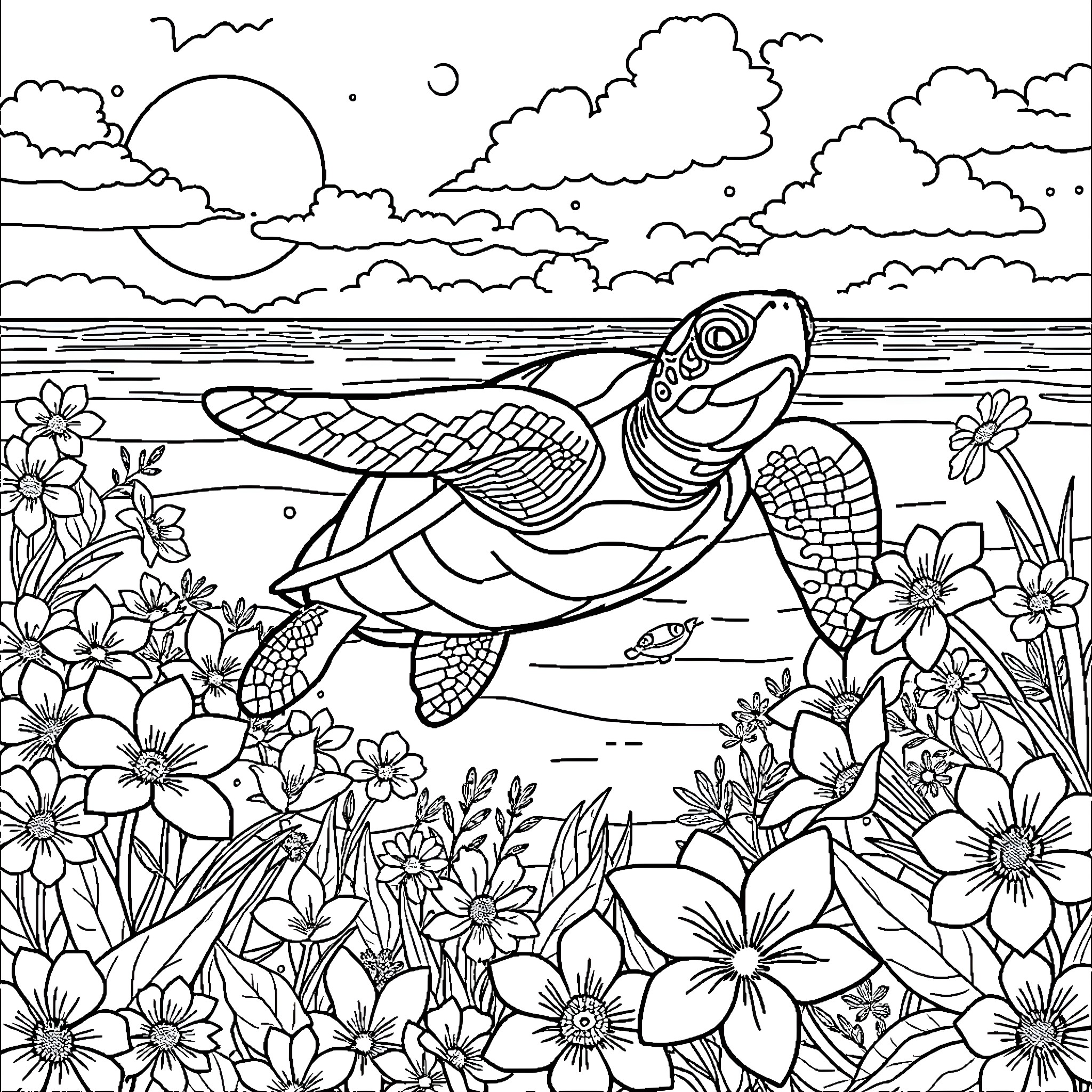 Sea Turtle Swimming Among Flowers Coloring Page (free black-and-white line drawing printable PDF for all, from beginners to advanced learners, including children, teens, adults, and seniors)