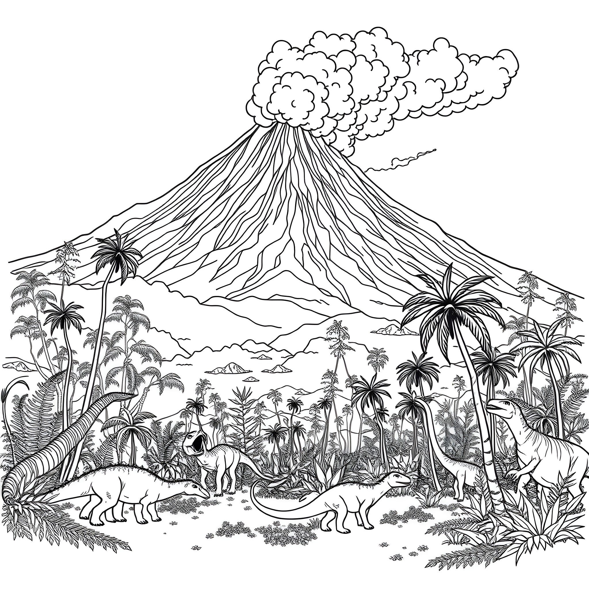 Dinosaurs in Prehistoric Jungle Landscape Coloring Page (free black-and-white line drawing printable PDF for all, from beginners to advanced learners, including children, teens, adults, and seniors)