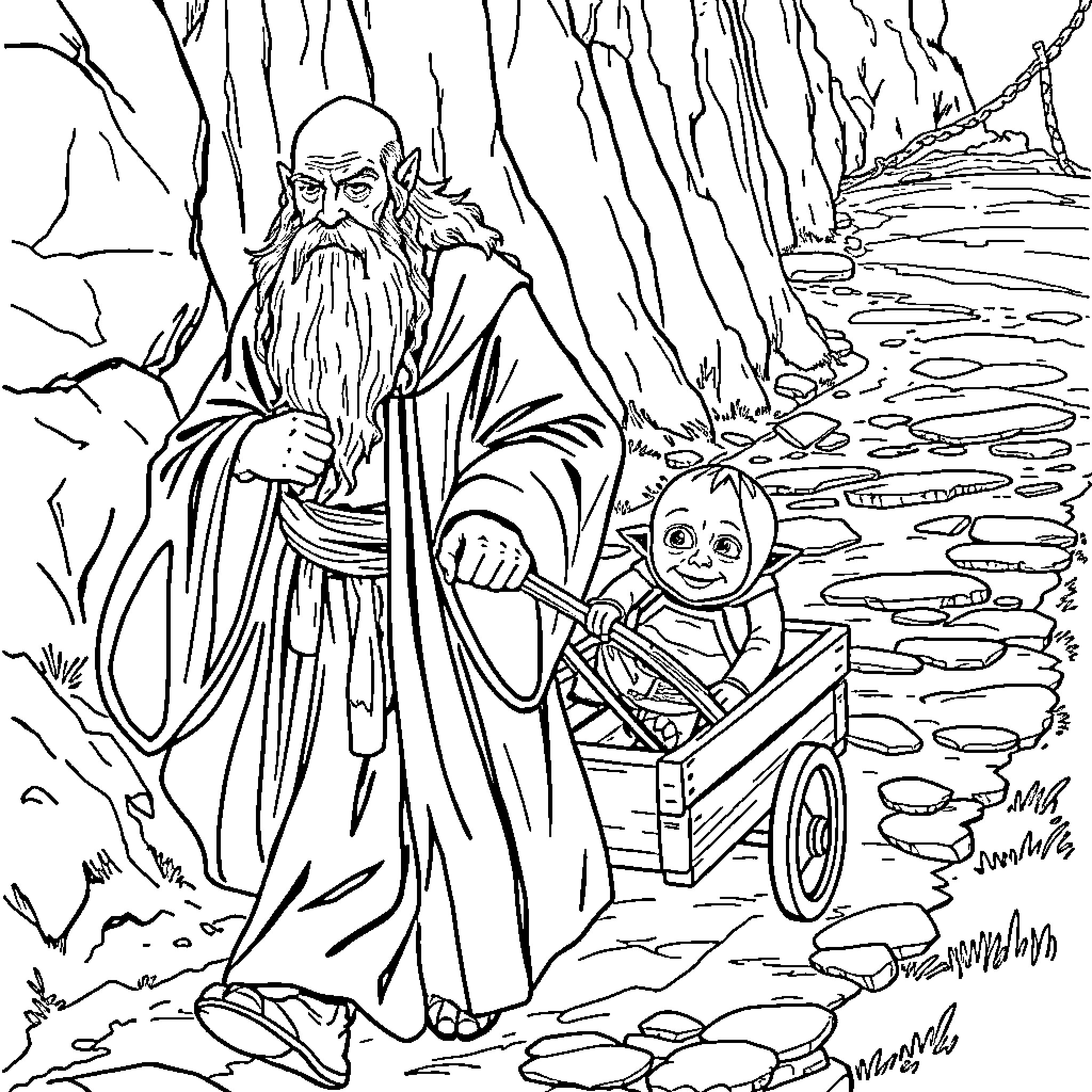Gandalf guiding a small child through the magical forest Coloring Page (free black-and-white line drawing printable PDF for all, from beginners to advanced learners, including children, teens, adults, and seniors)
