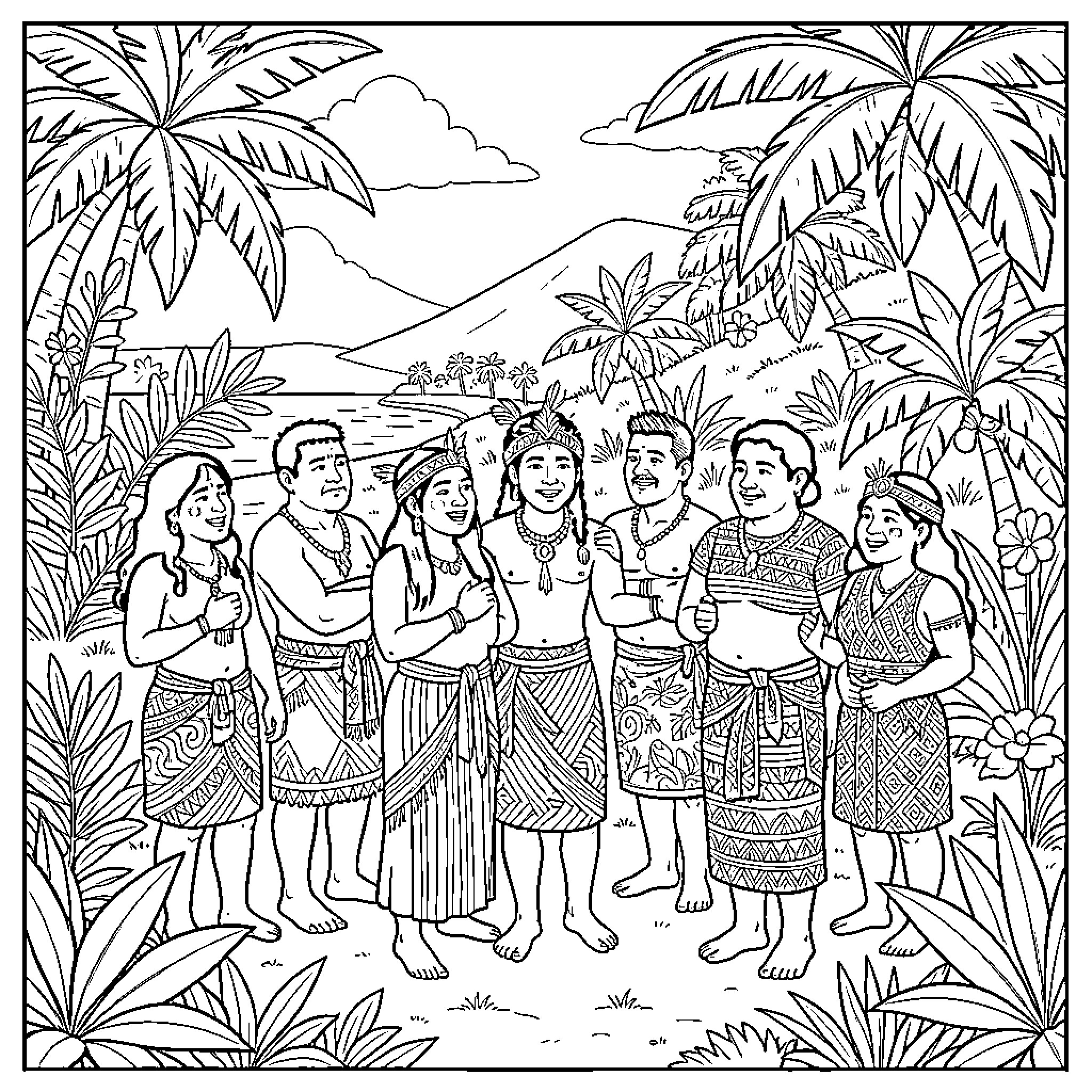 Maohi people smiling and standing in a tropical landscape Coloring Page (free black-and-white line drawing printable PDF for all, from beginners to advanced learners, including children, teens, adults, and seniors)