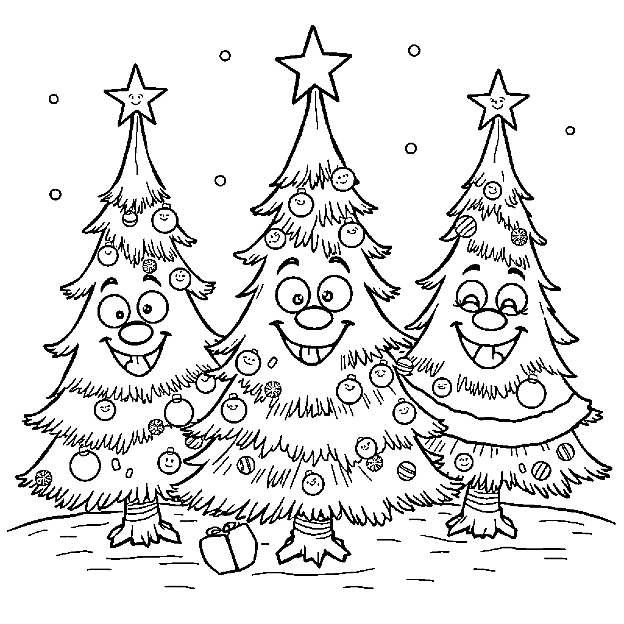 Christmas Tree Decorated with Smiling Ornaments Coloring Page (free black-and-white line drawing printable PDF for all, from beginners to advanced learners, including children, teens, adults, and seniors)