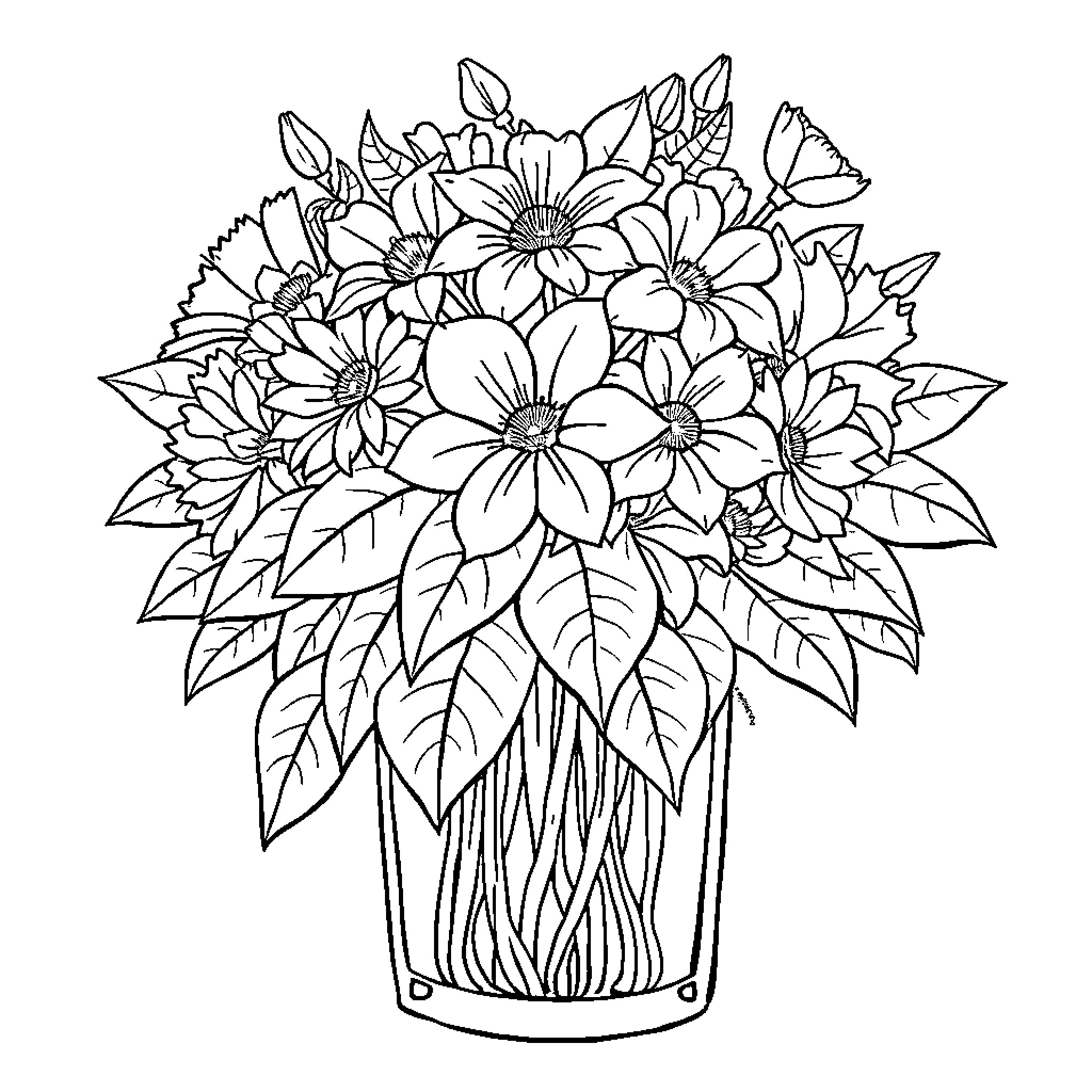 Vase of Vibrant Floral Arrangement Coloring Page (free black-and-white line drawing printable PDF for all, from beginners to advanced learners, including children, teens, adults, and seniors)