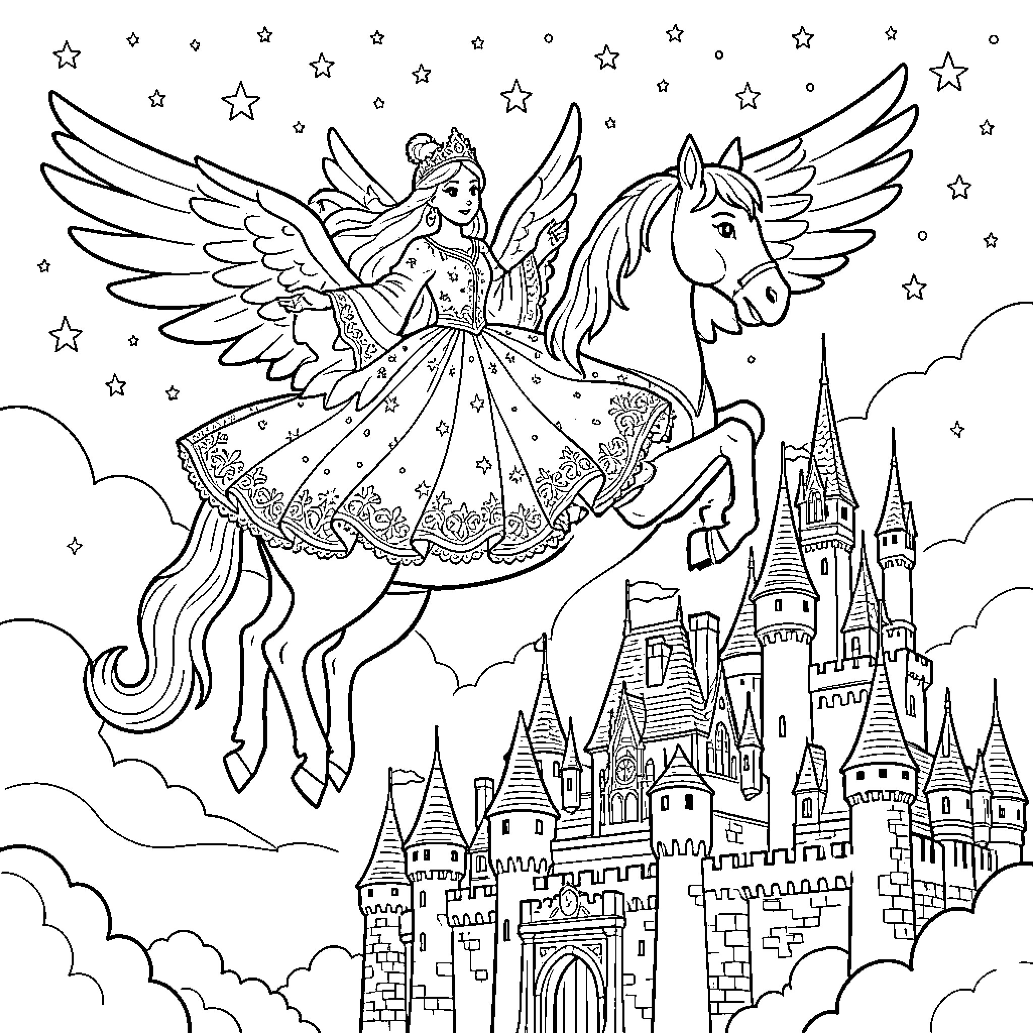 Princess Riding Winged Horse Above Magical Castle Coloring Page (free black-and-white line drawing printable PDF for all, from beginners to advanced learners, including children, teens, adults, and seniors)