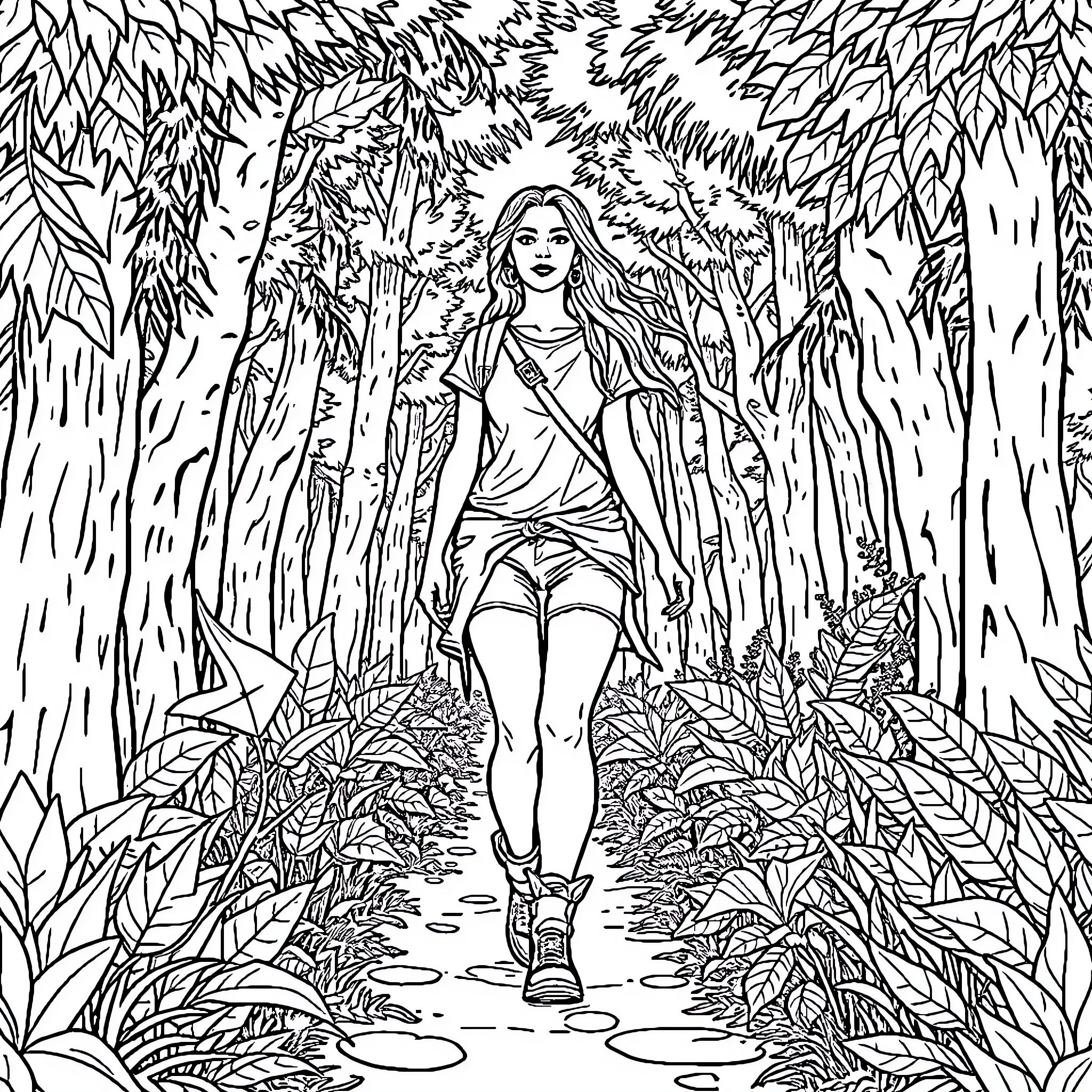 Wanderwoman exploring the lush forest trails Coloring Page (free black-and-white line drawing printable PDF for all, from beginners to advanced learners, including children, teens, adults, and seniors)