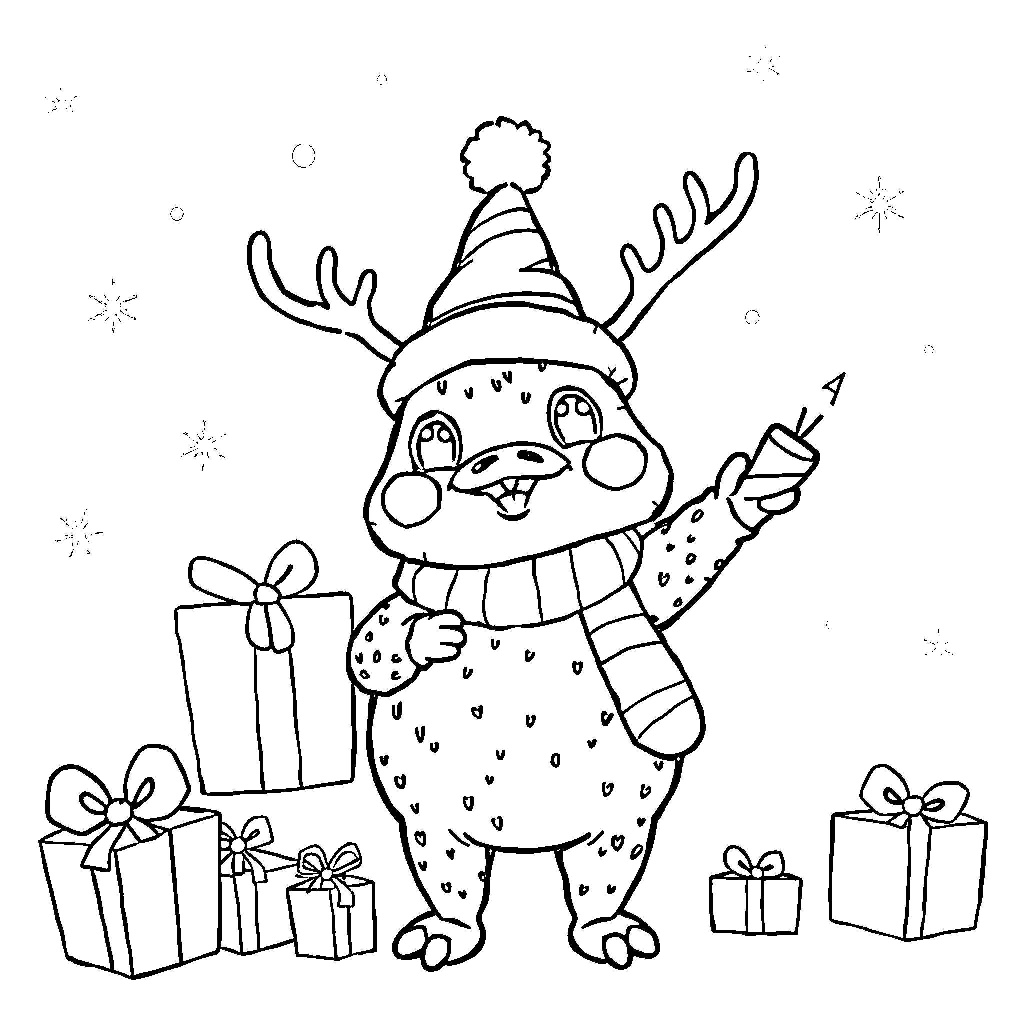 Labubu's Festive Celebration with Gifts Coloring Page (free black-and-white line drawing printable PDF for all, from beginners to advanced learners, including children, teens, adults, and seniors)