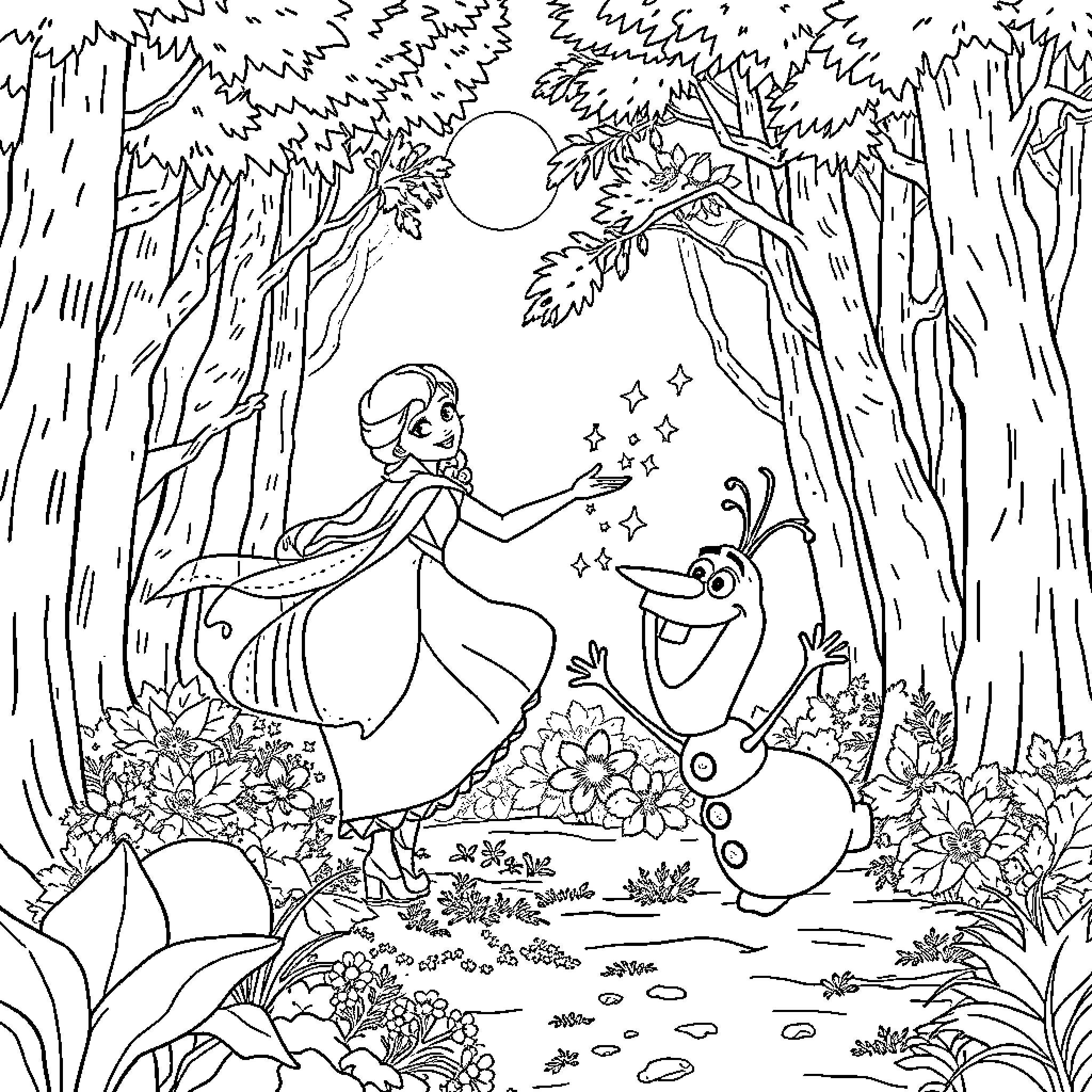 Princess Elsa enjoying a magical forest scene with Olaf Coloring Page (free black-and-white line drawing printable PDF for all, from beginners to advanced learners, including children, teens, adults, and seniors)