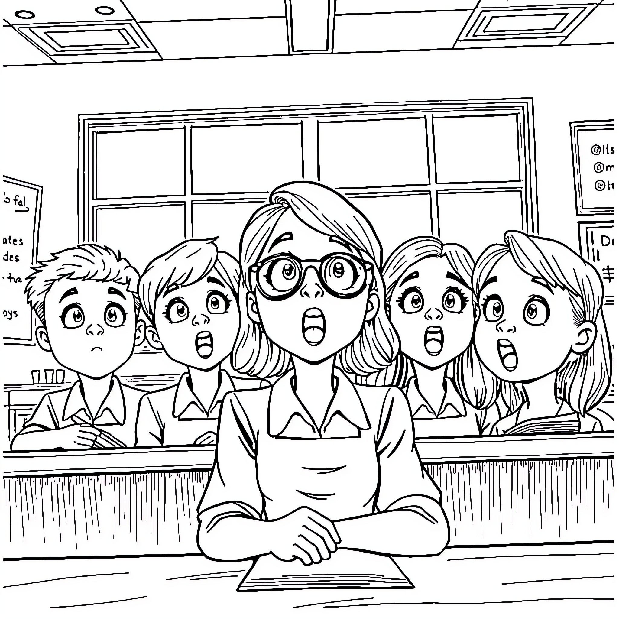 Teacher leading surprised students in classroom Coloring Page (free black-and-white line drawing printable PDF for all, from beginners to advanced learners, including children, teens, adults, and seniors)