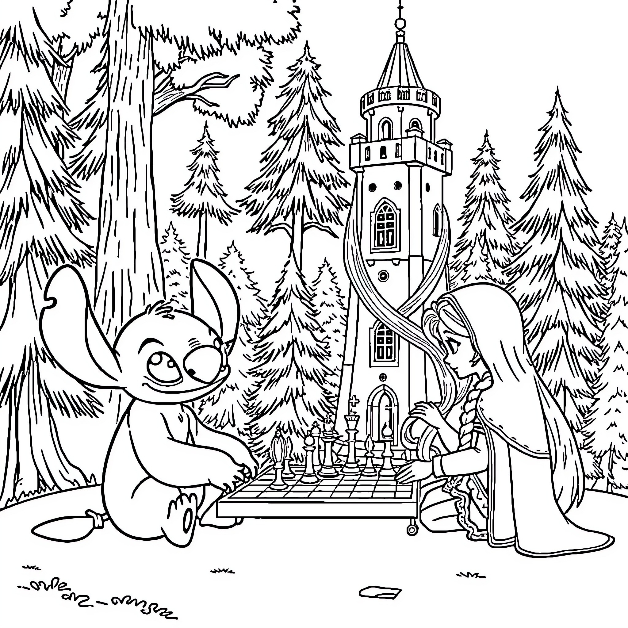 Stitch enjoying a chess game in a snowy forest Coloring Page (free black-and-white line drawing printable PDF for all, from beginners to advanced learners, including children, teens, adults, and seniors)
