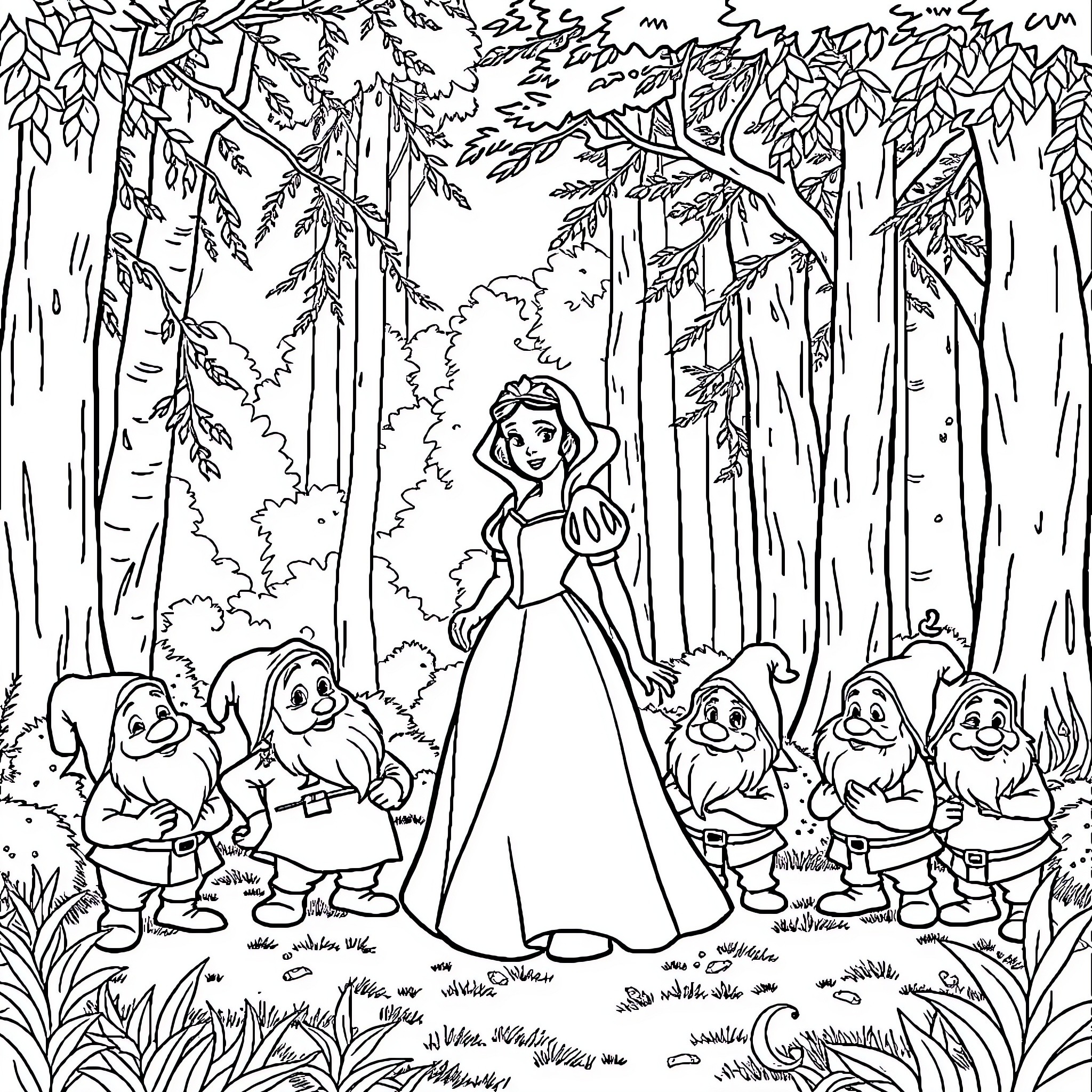 Snow White Surrounded by Her Dwarf Friends in the Forest Coloring Page (free black-and-white line drawing printable PDF for all, from beginners to advanced learners, including children, teens, adults, and seniors)
