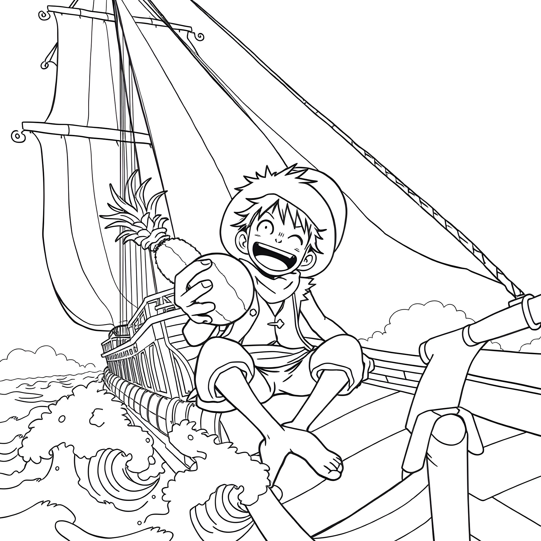 Monkey cheerfully sailing on a ship Coloring Page (free black-and-white line drawing printable PDF for all, from beginners to advanced learners, including children, teens, adults, and seniors)