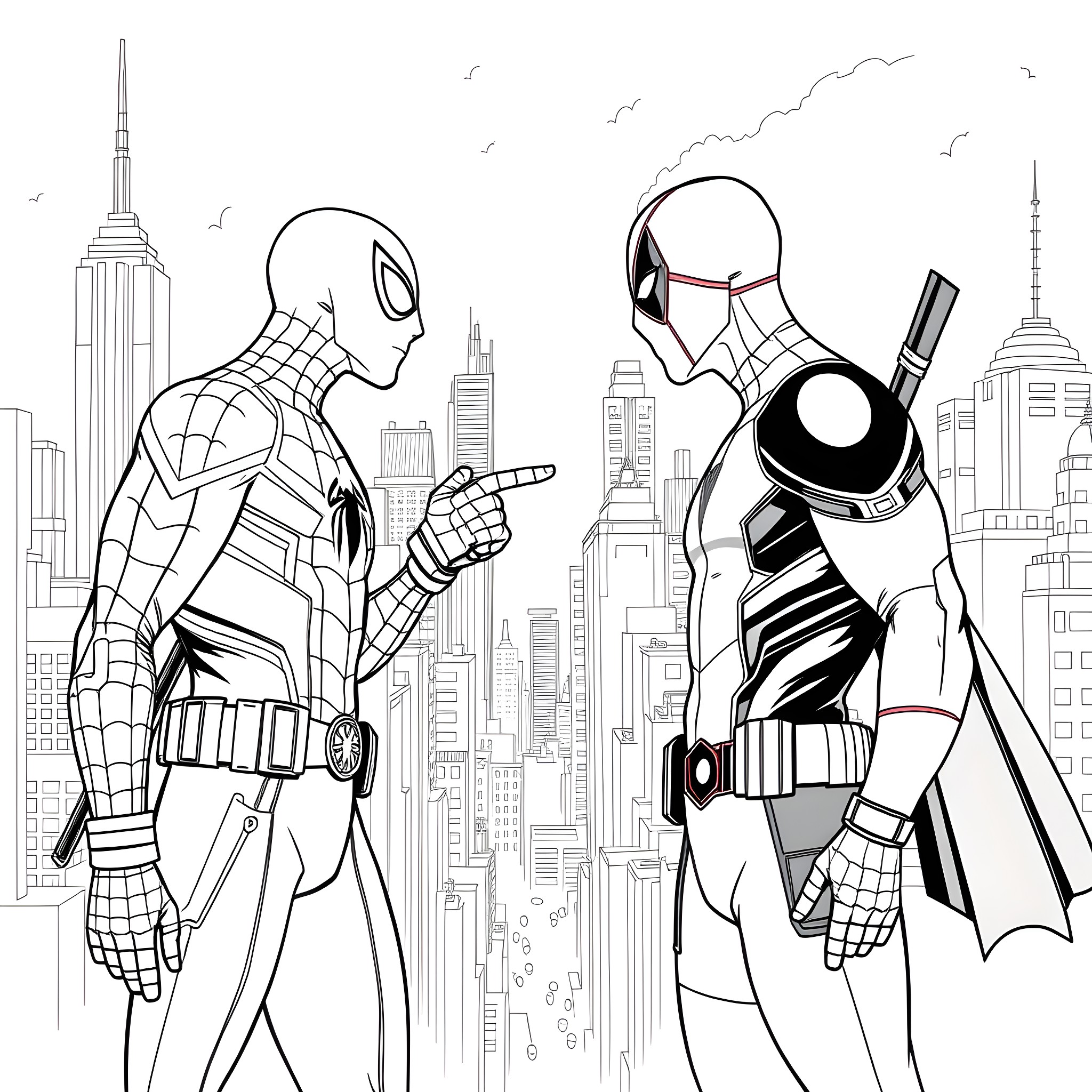 Spiderman heroes fight against crime in the city Coloring Page (free black-and-white line drawing printable PDF for all, from beginners to advanced learners, including children, teens, adults, and seniors)