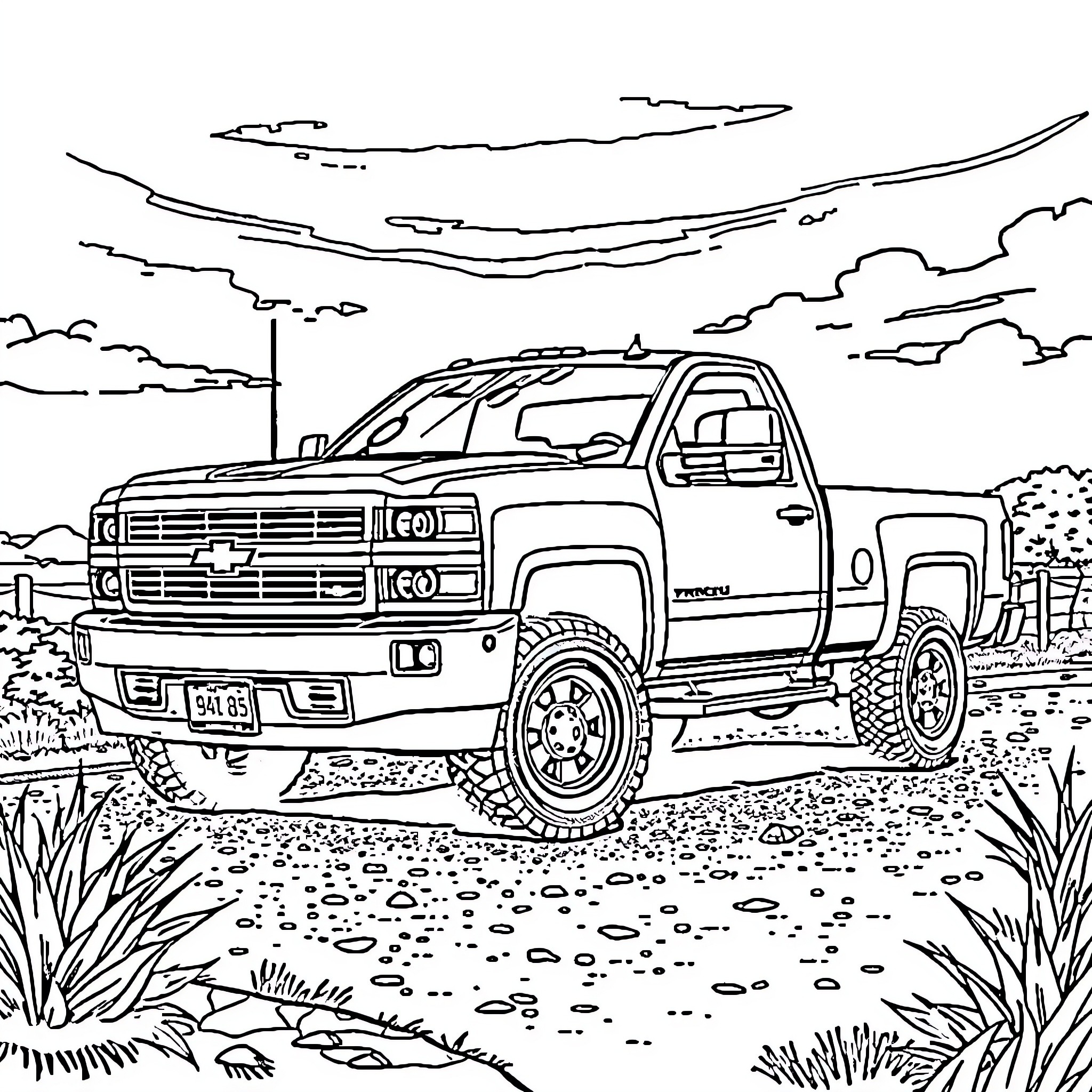 Truck traversing rugged terrain in the countryside Coloring Page (free black-and-white line drawing printable PDF for all, from beginners to advanced learners, including children, teens, adults, and seniors)
