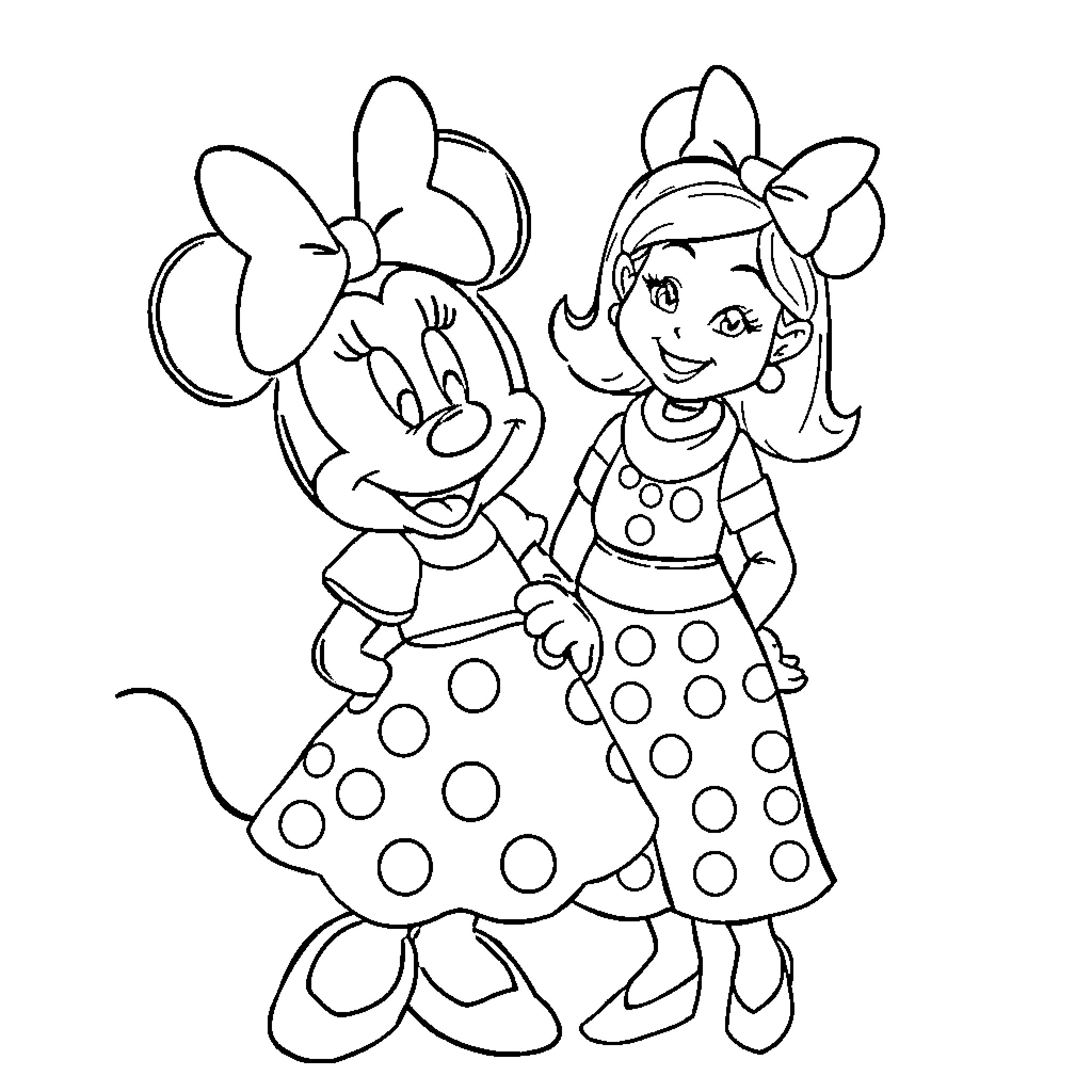 Minnie Mouse and friend in playful poses Coloring Page (free black-and-white line drawing printable PDF for all, from beginners to advanced learners, including children, teens, adults, and seniors)