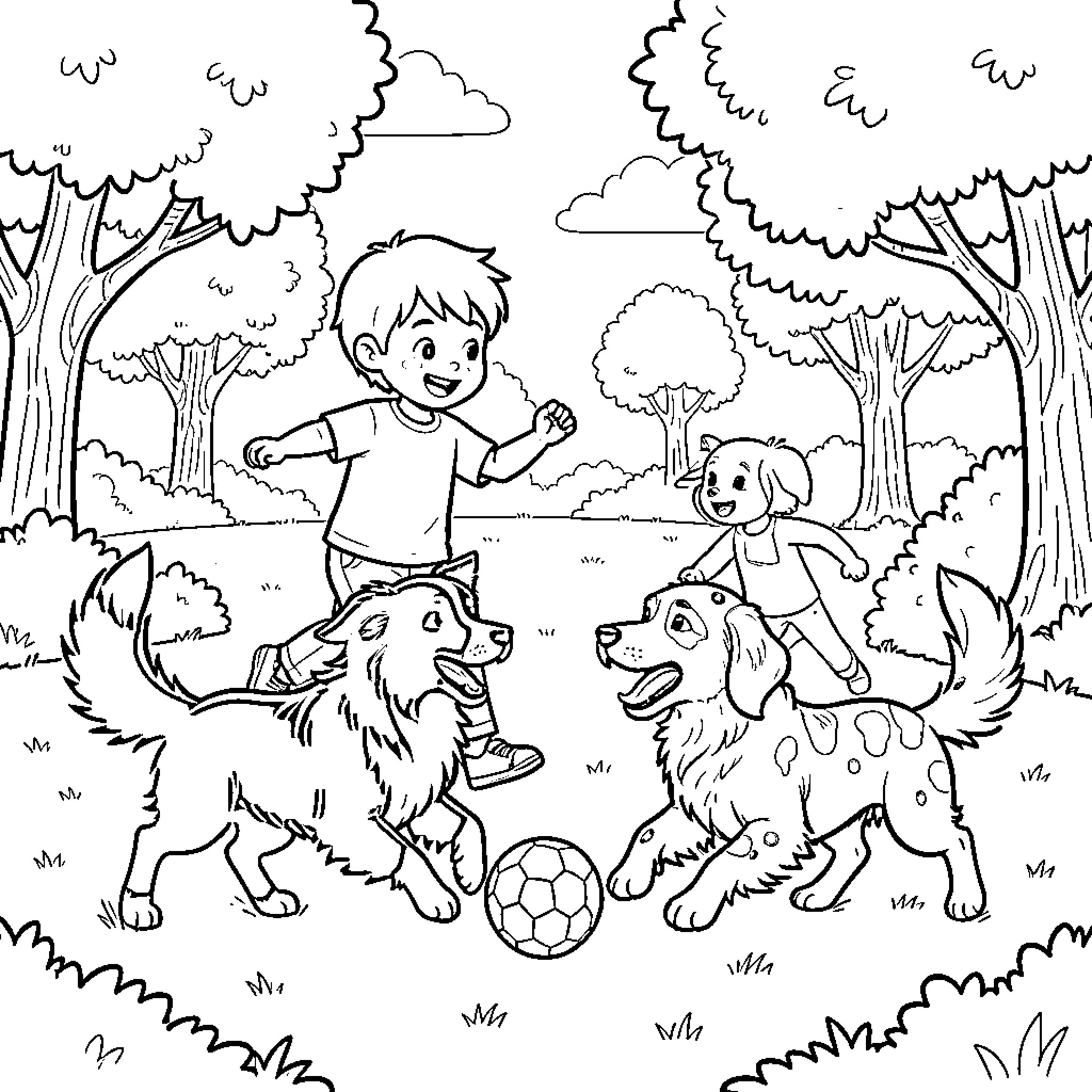 Child playing with dogs in a forest Coloring Page (free black-and-white line drawing printable PDF for all, from beginners to advanced learners, including children, teens, adults, and seniors)