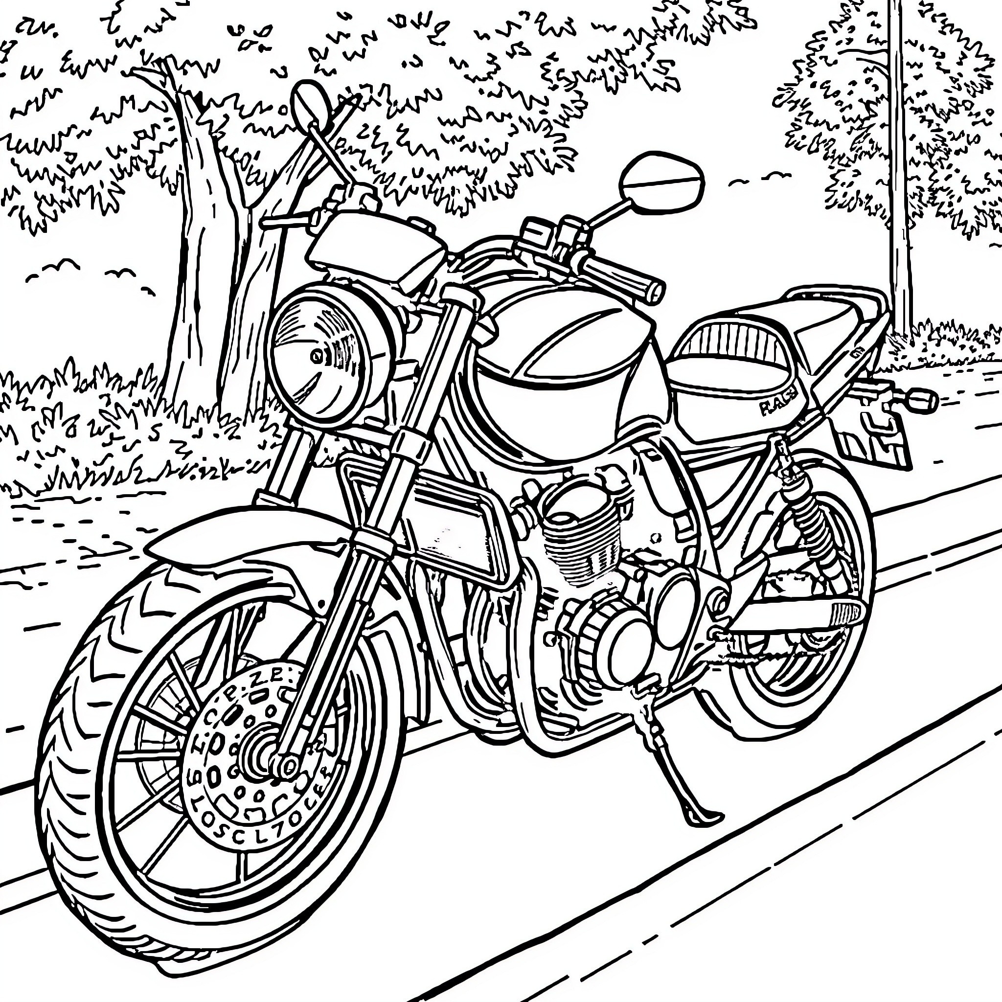 Moto Cruiser on Forest Trail Coloring Page (free black-and-white line drawing printable PDF for all, from beginners to advanced learners, including children, teens, adults, and seniors)