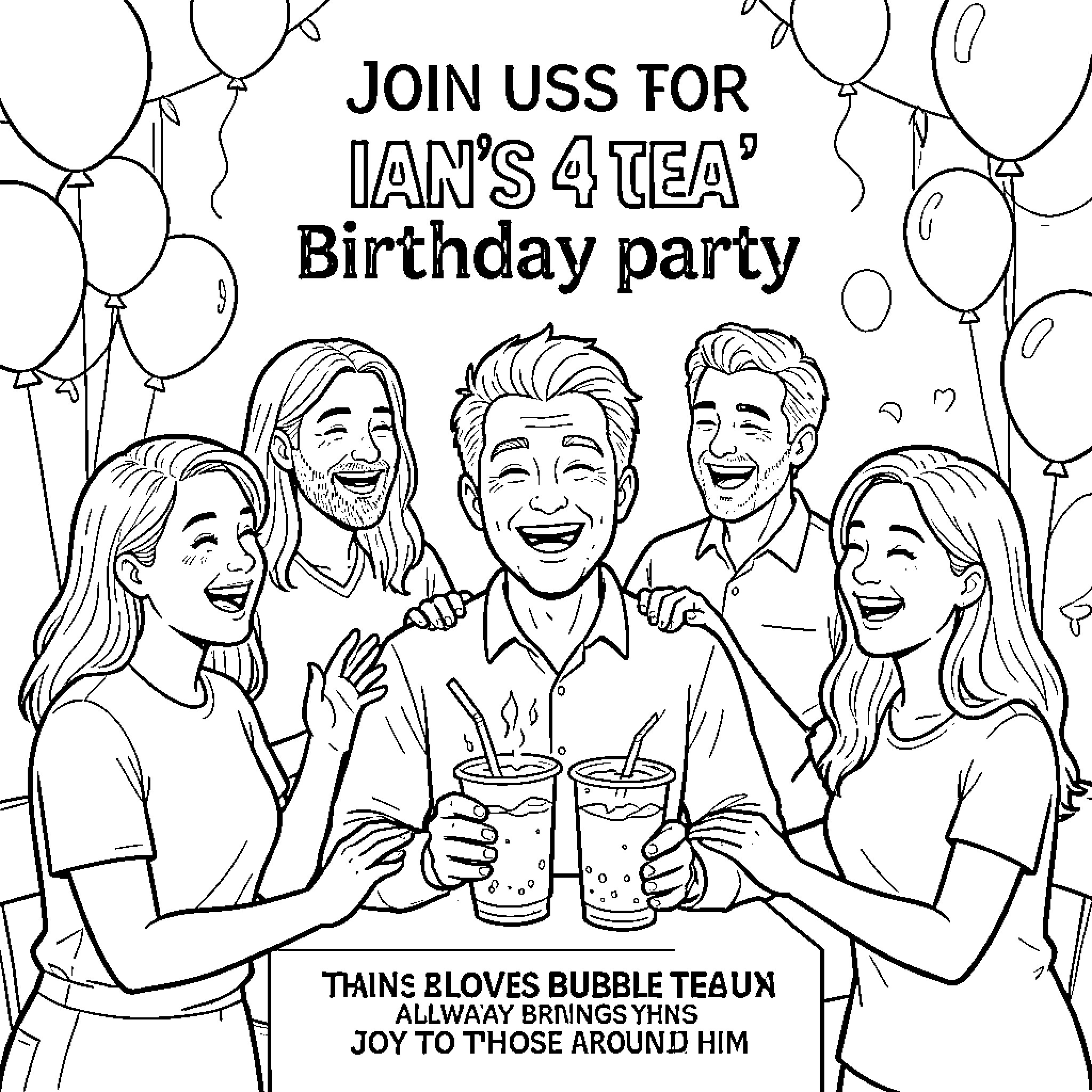 Bubble Tea celebration with friends laughing together Coloring Page (free black-and-white line drawing printable PDF for all, from beginners to advanced learners, including children, teens, adults, and seniors)