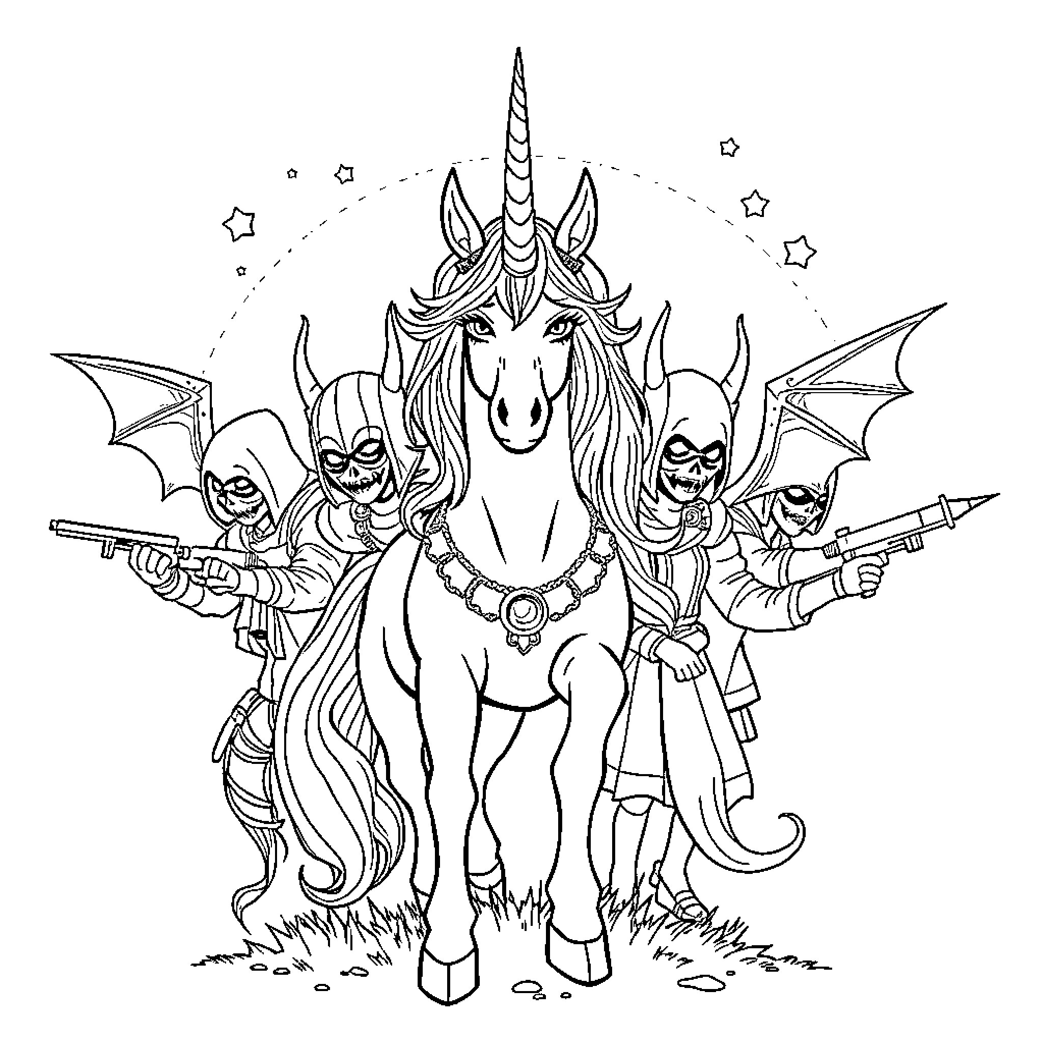 Unicorn with Mysterious Companions Coloring Page (free black-and-white line drawing printable PDF for all, from beginners to advanced learners, including children, teens, adults, and seniors)