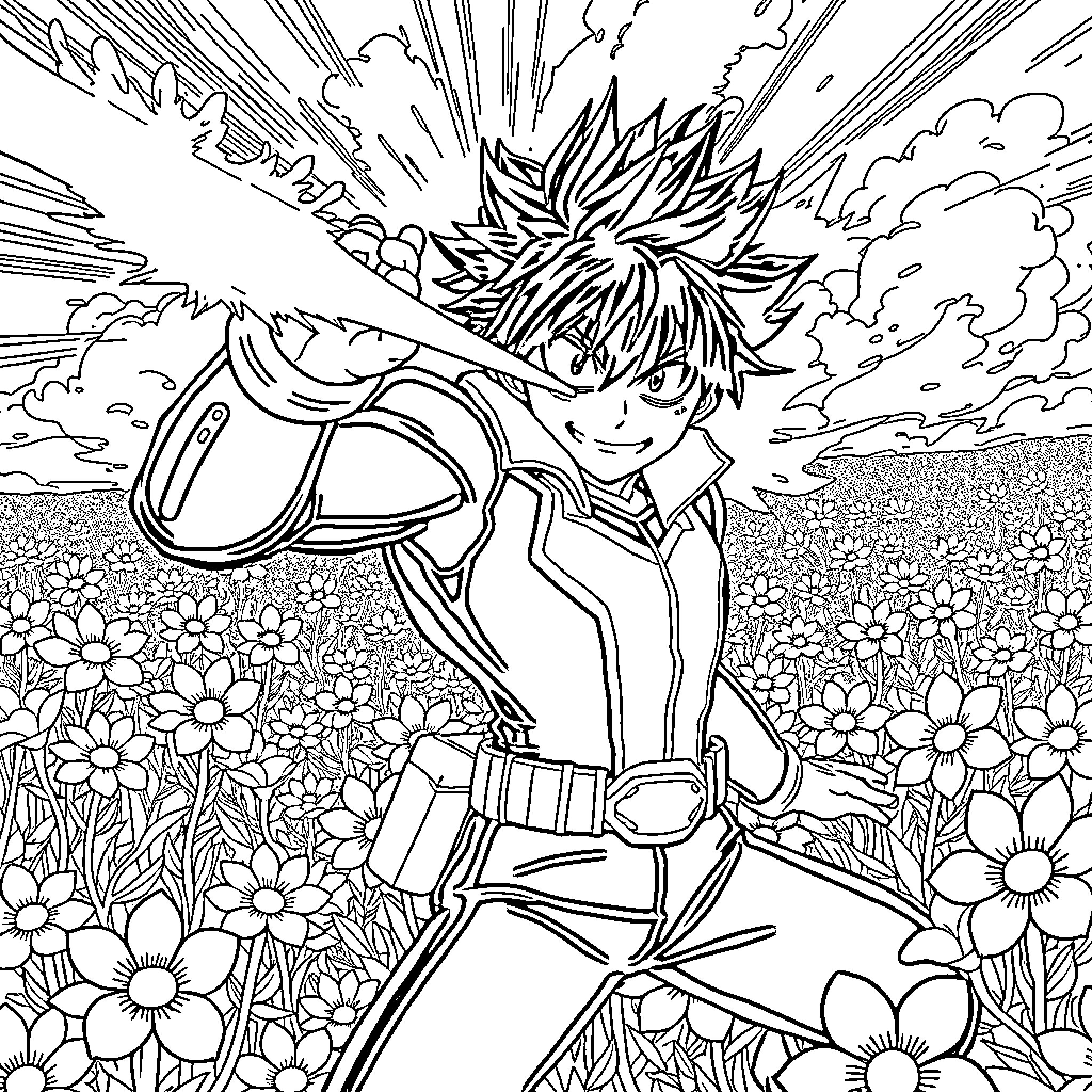Mirko's Triumphant Adventure in the Flower Field Coloring Page (free black-and-white line drawing printable PDF for all, from beginners to advanced learners, including children, teens, adults, and seniors)