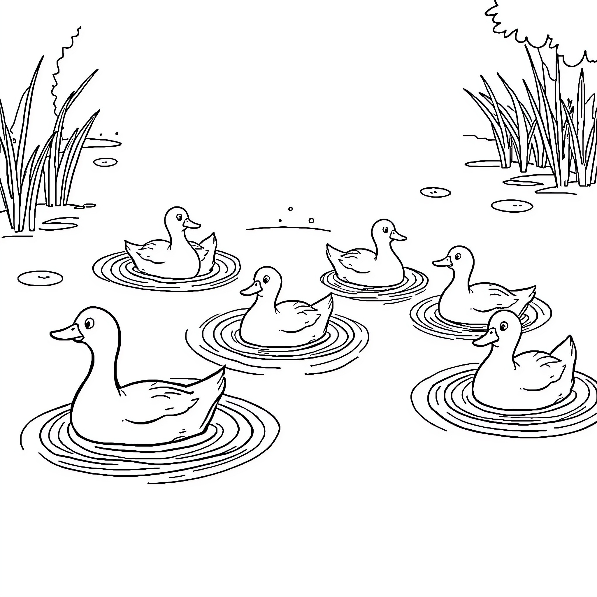 Ducks swimming peacefully in the pond Coloring Page (free black-and-white line drawing printable PDF for all, from beginners to advanced learners, including children, teens, adults, and seniors)