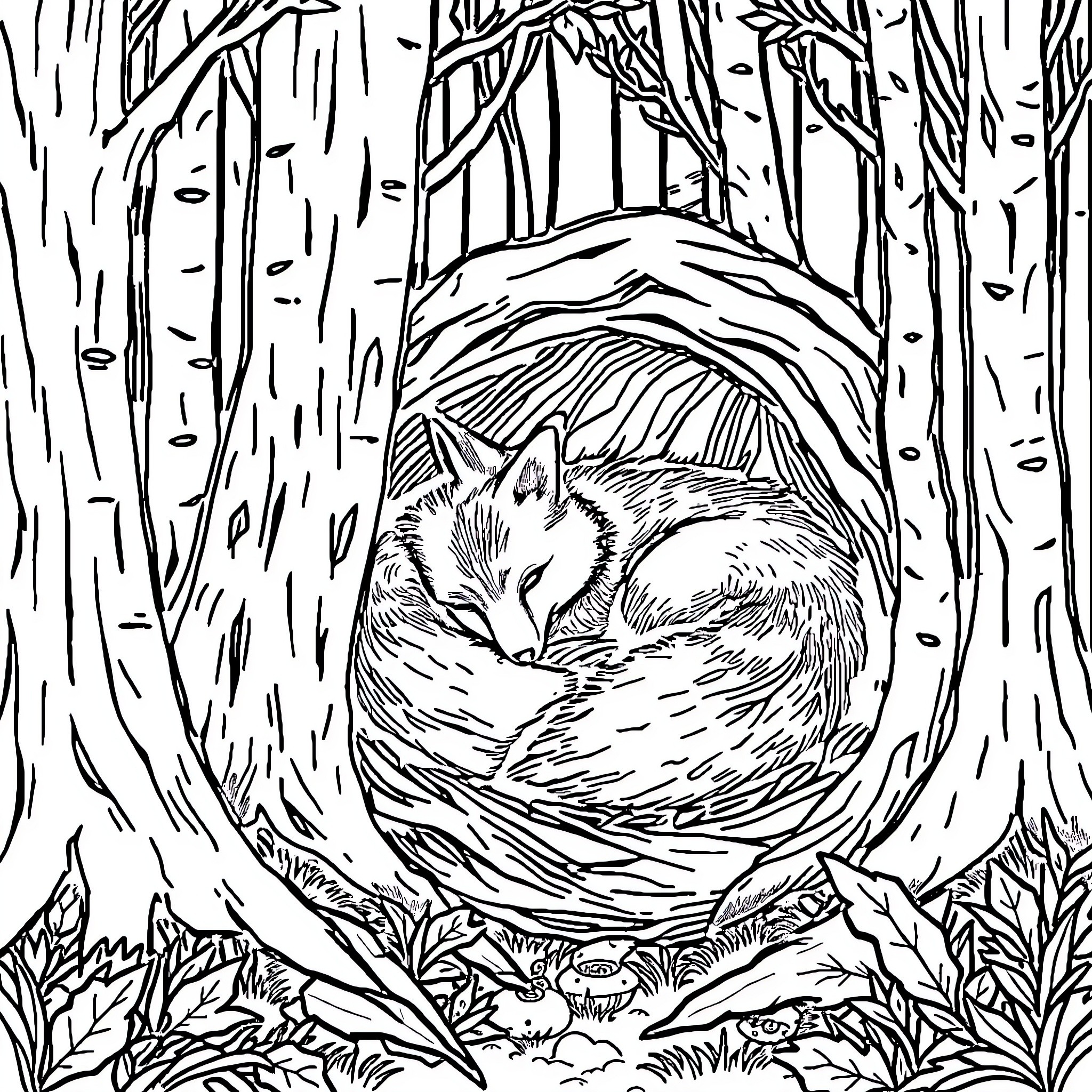 Fox curled up sleeping in forest den Coloring Page (free black-and-white line drawing printable PDF for all, from beginners to advanced learners, including children, teens, adults, and seniors)