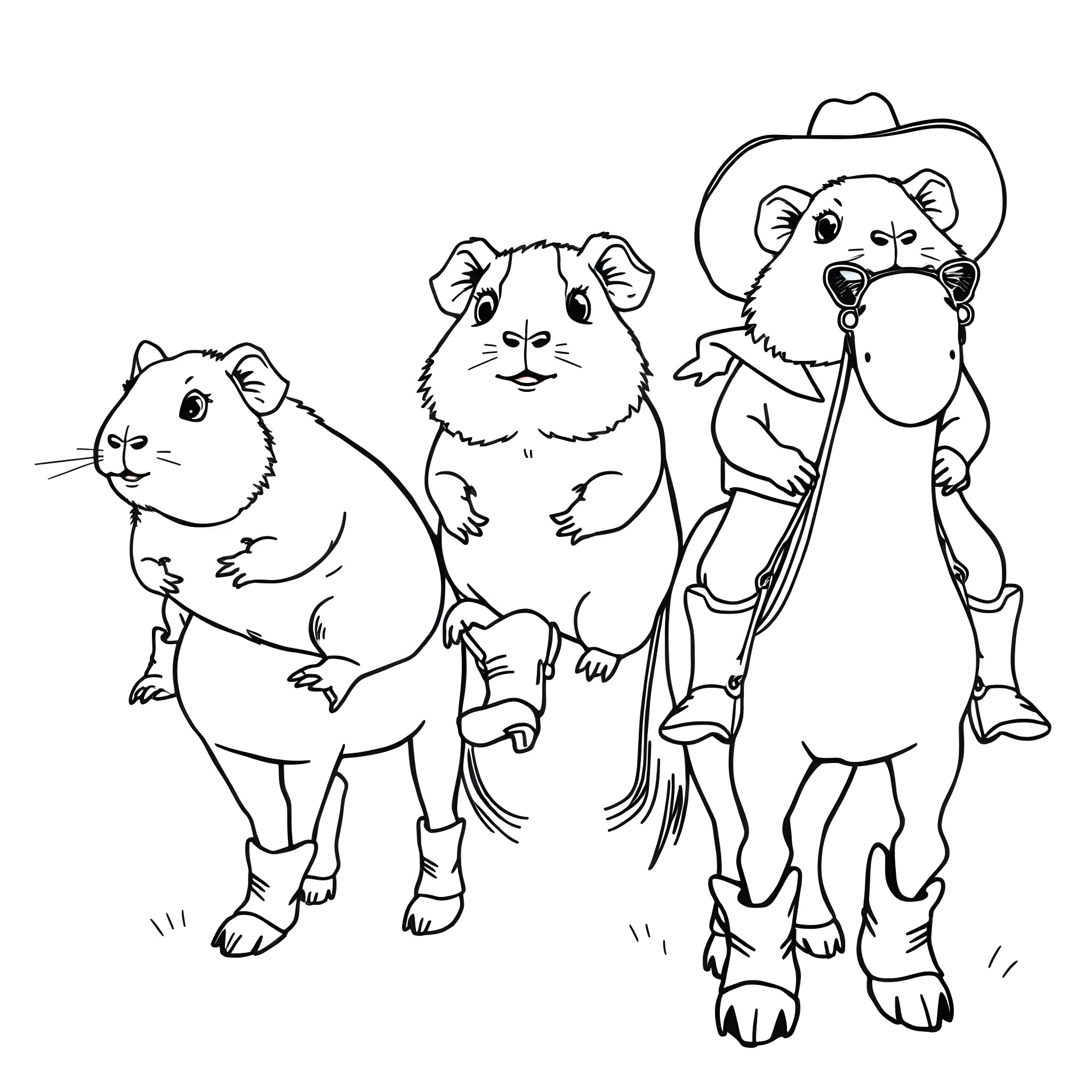 Guinea Pigs Dressed as Cowboys Coloring Page (free black-and-white line drawing printable PDF for all, from beginners to advanced learners, including children, teens, adults, and seniors)