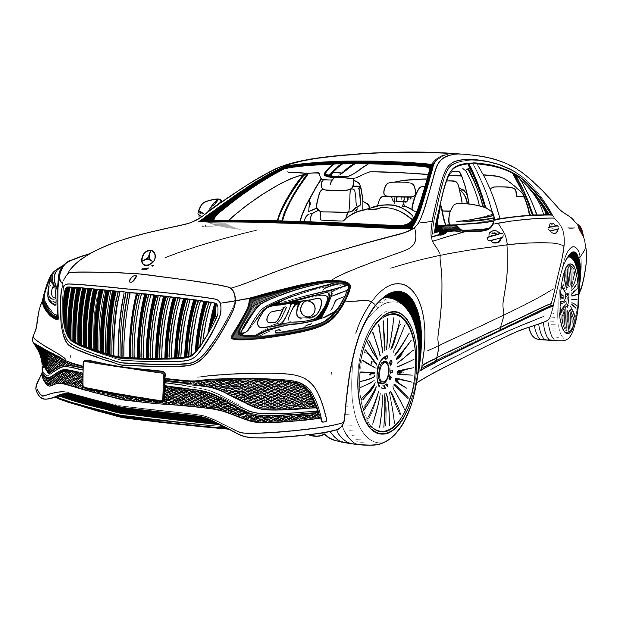 Mercedes Maybach luxury sedan on display Coloring Page (free black-and-white line drawing printable PDF for all, from beginners to advanced learners, including children, teens, adults, and seniors)