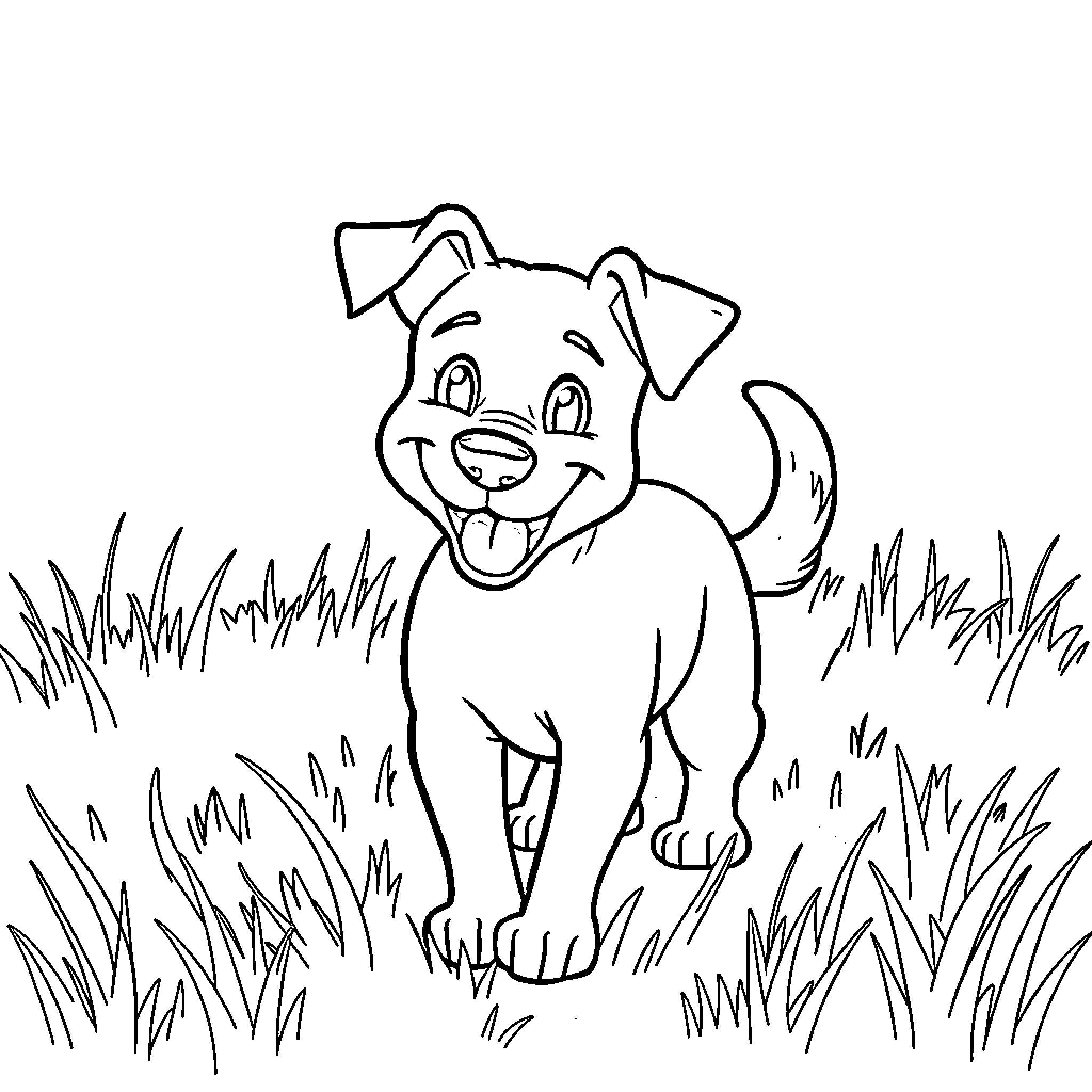 Dog smiling happily in the grass Coloring Page (free black-and-white line drawing printable PDF for all, from beginners to advanced learners, including children, teens, adults, and seniors)