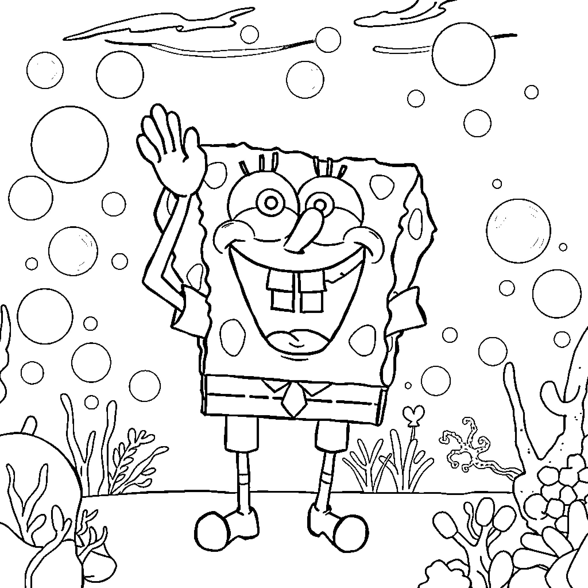 Spongebob waving in an underwater scene Coloring Page (free black-and-white line drawing printable PDF for all, from beginners to advanced learners, including children, teens, adults, and seniors)