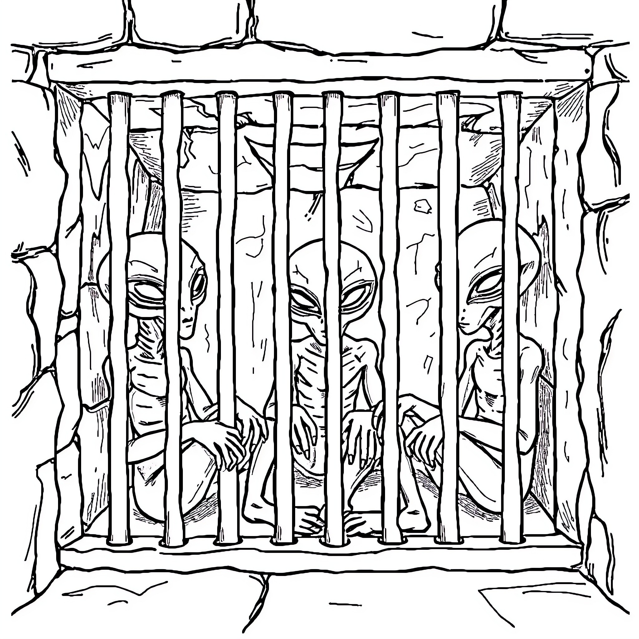 Alien peering through prison bars Coloring Page (free black-and-white line drawing printable PDF for all, from beginners to advanced learners, including children, teens, adults, and seniors)