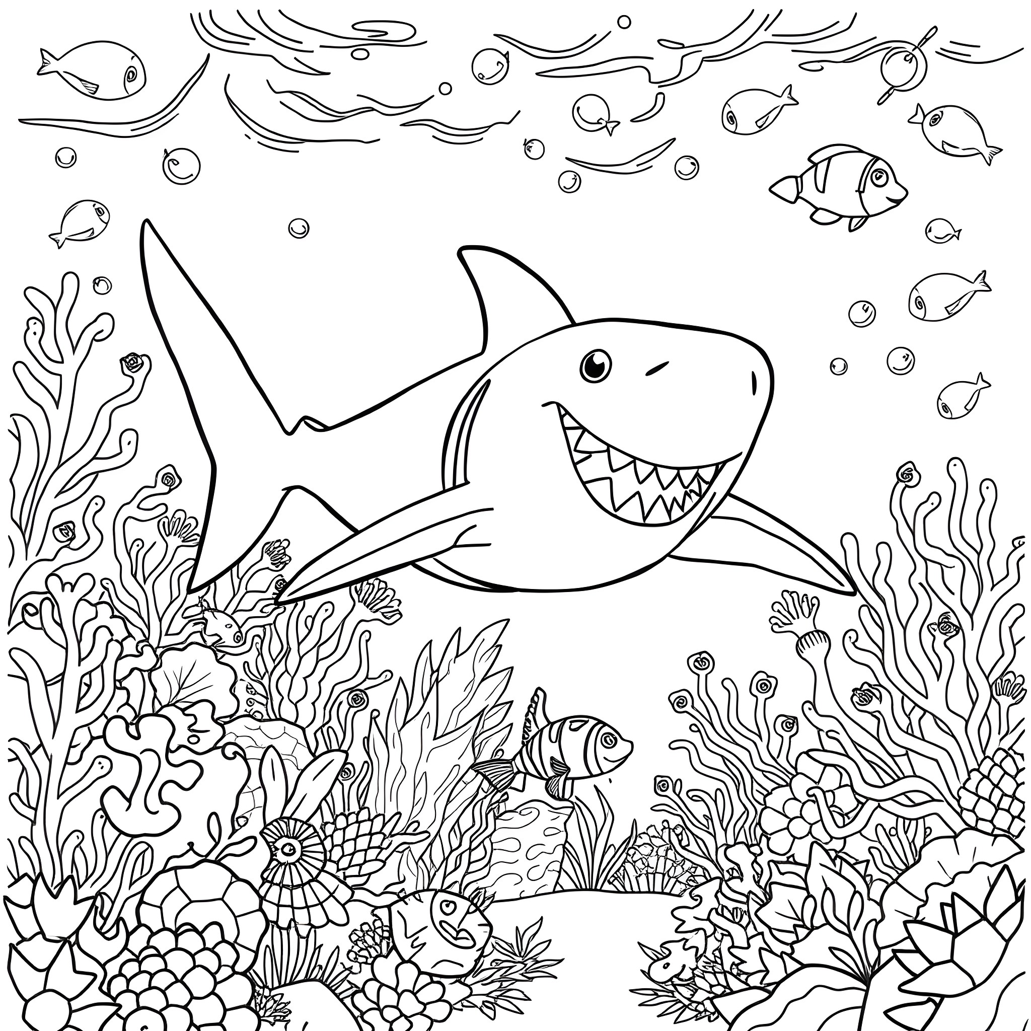 Shark swimming among colorful marine life Coloring Page (free black-and-white line drawing printable PDF for all, from beginners to advanced learners, including children, teens, adults, and seniors)