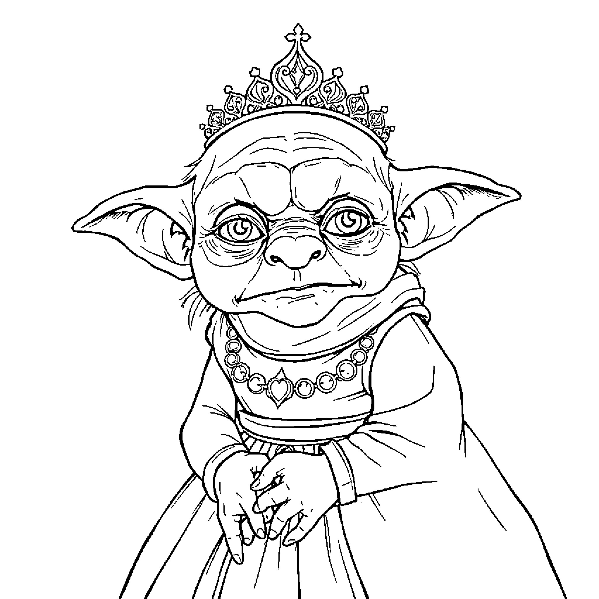 Gollum the Wise Sage in Ceremonial Garb Coloring Page (free black-and-white line drawing printable PDF for all, from beginners to advanced learners, including children, teens, adults, and seniors)