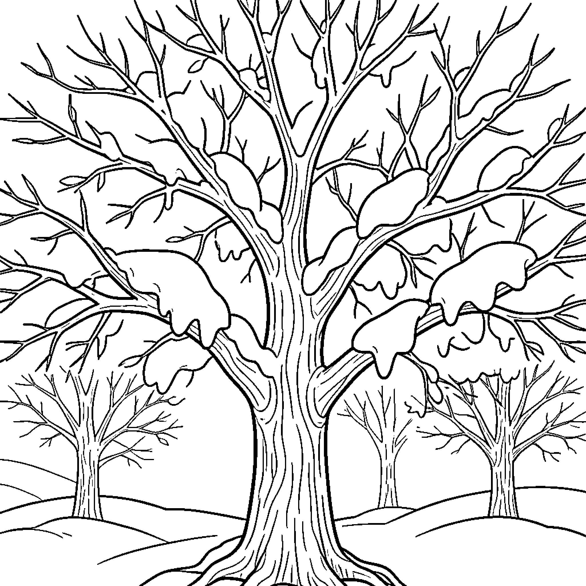 Snow White trees covered in heavy winter snow Coloring Page (free black-and-white line drawing printable PDF for all, from beginners to advanced learners, including children, teens, adults, and seniors)