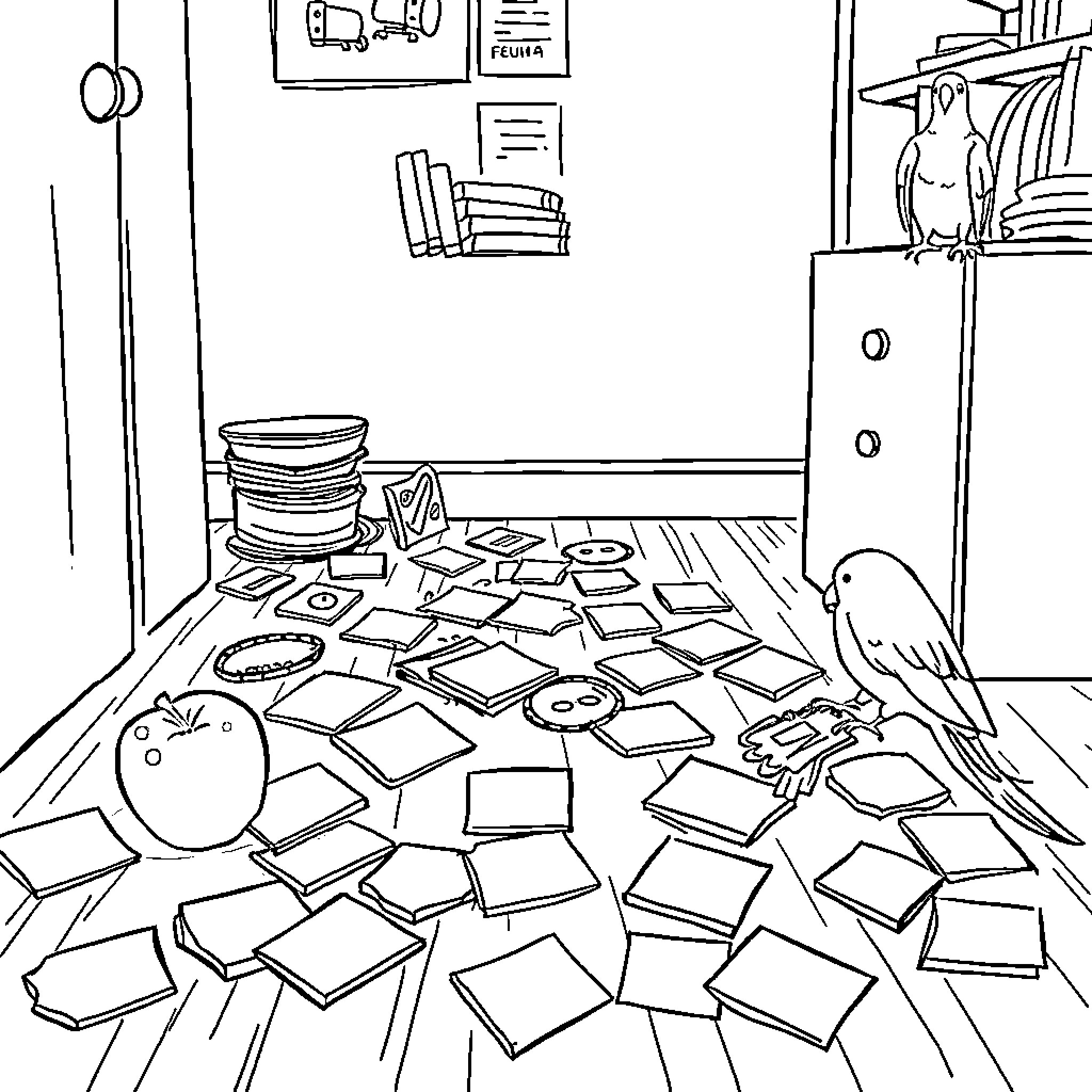 Parrot exploring a cluttered room with scattered objects Coloring Page (free black-and-white line drawing printable PDF for all, from beginners to advanced learners, including children, teens, adults, and seniors)
