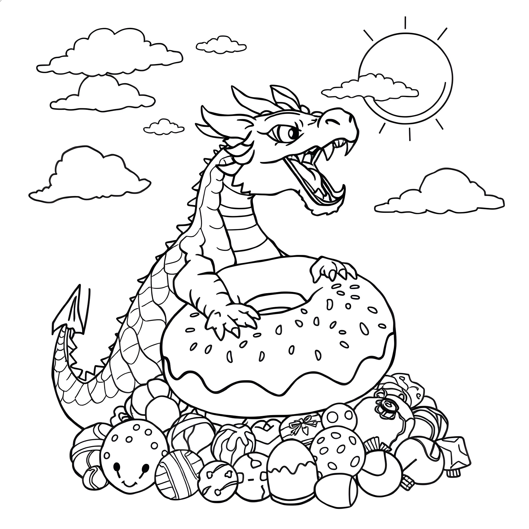Dragon yawning happily in sunny meadow with flowers Coloring Page (free black-and-white line drawing printable PDF for all, from beginners to advanced learners, including children, teens, adults, and seniors)