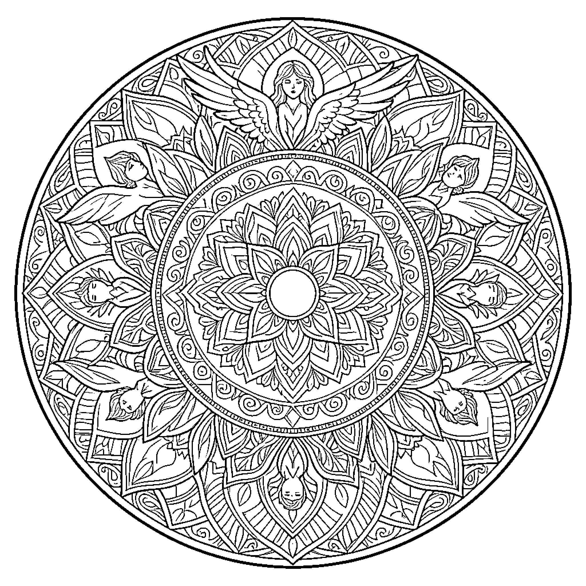 Angel figures arranged within a circular mandala pattern Coloring Page (free black-and-white line drawing printable PDF for all, from beginners to advanced learners, including children, teens, adults, and seniors)