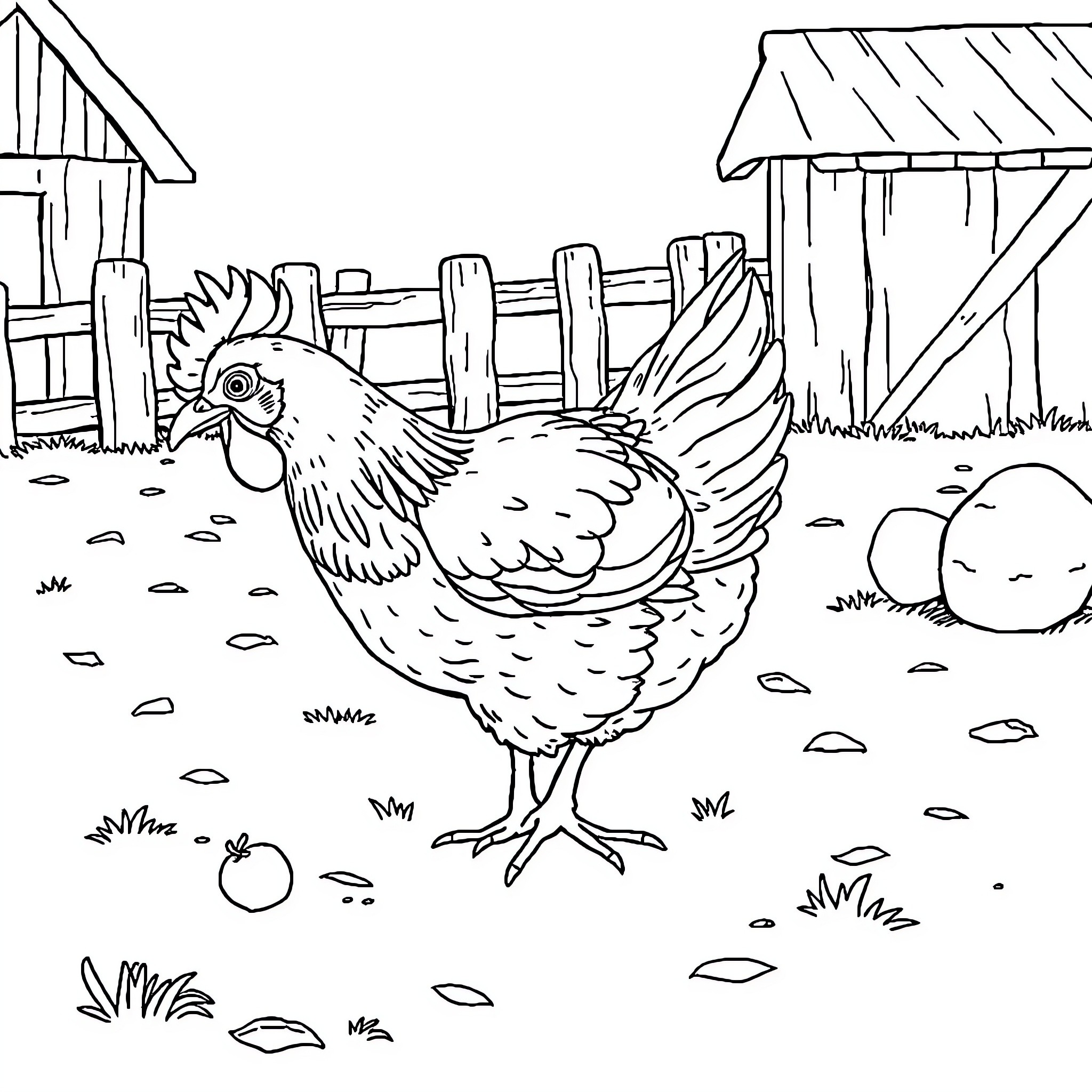 Chicken exploring a rustic farm scene Coloring Page (free black-and-white line drawing printable PDF for all, from beginners to advanced learners, including children, teens, adults, and seniors)