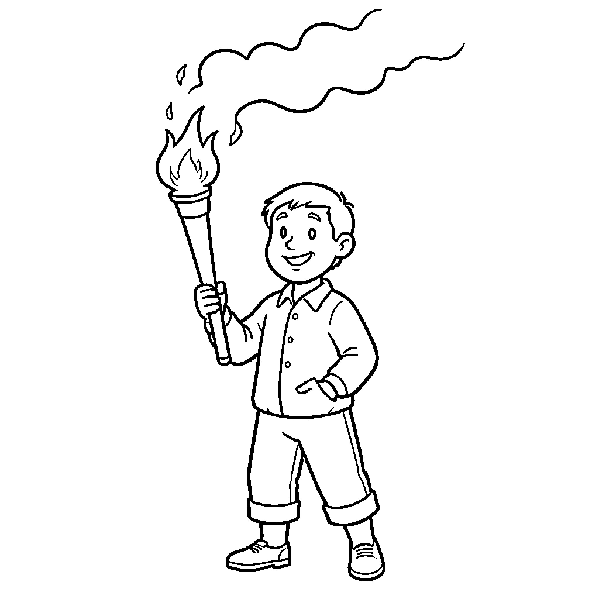 Lillois boy smiling while holding a lit torch Coloring Page (free black-and-white line drawing printable PDF for all, from beginners to advanced learners, including children, teens, adults, and seniors)