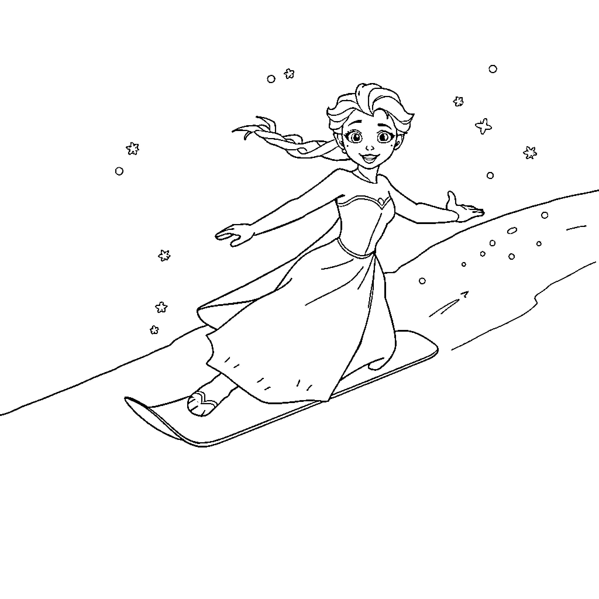Elsa snowboarding joyfully through the winter wonderland Coloring Page (free black-and-white line drawing printable PDF for all, from beginners to advanced learners, including children, teens, adults, and seniors)