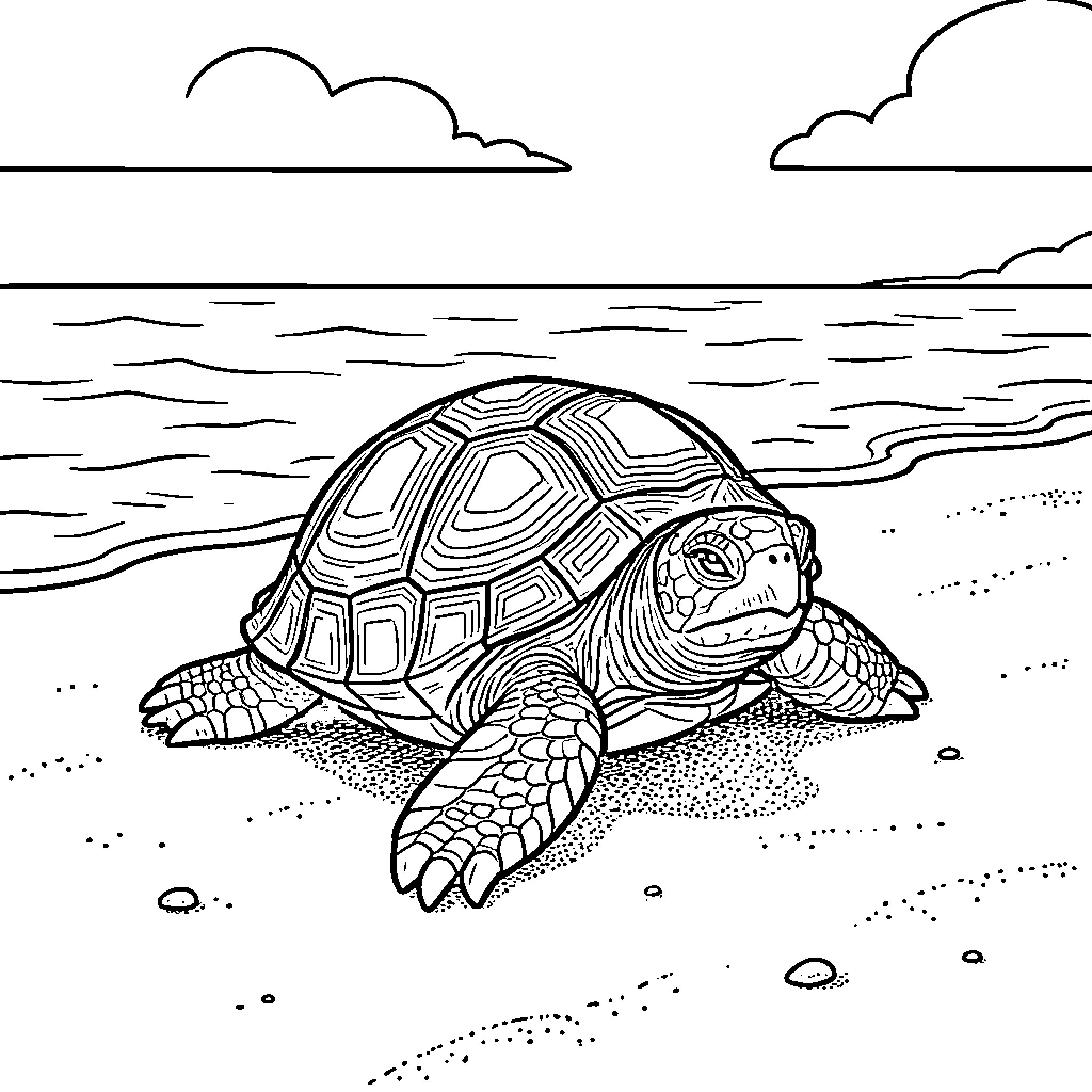 Galápagos Turtle resting peacefully on a sandy beach Coloring Page (free black-and-white line drawing printable PDF for all, from beginners to advanced learners, including children, teens, adults, and seniors)