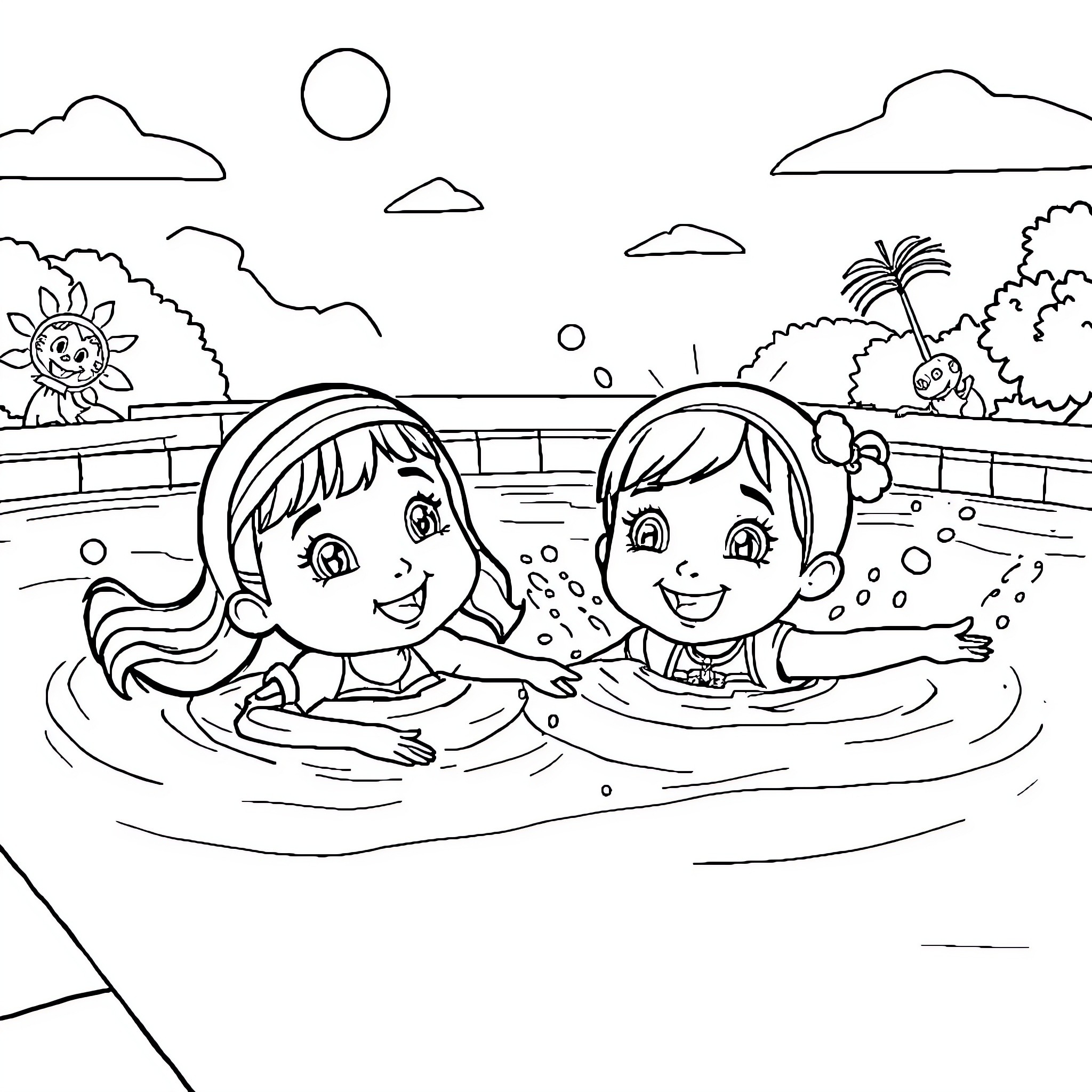Masha and her friend playing in the pool Coloring Page (free black-and-white line drawing printable PDF for all, from beginners to advanced learners, including children, teens, adults, and seniors)