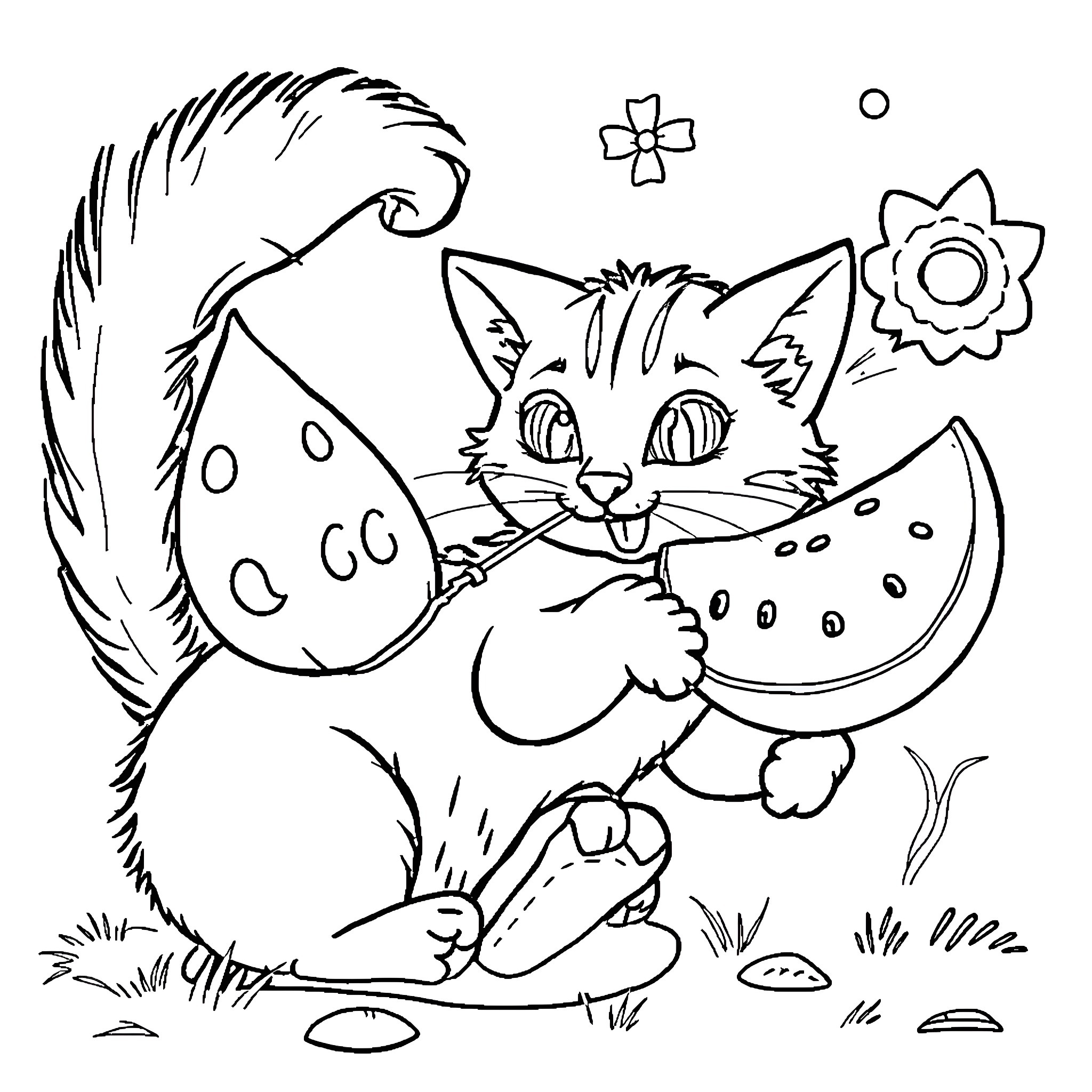 Gato enjoying a watermelon snack in the garden Coloring Page (free black-and-white line drawing printable PDF for all, from beginners to advanced learners, including children, teens, adults, and seniors)