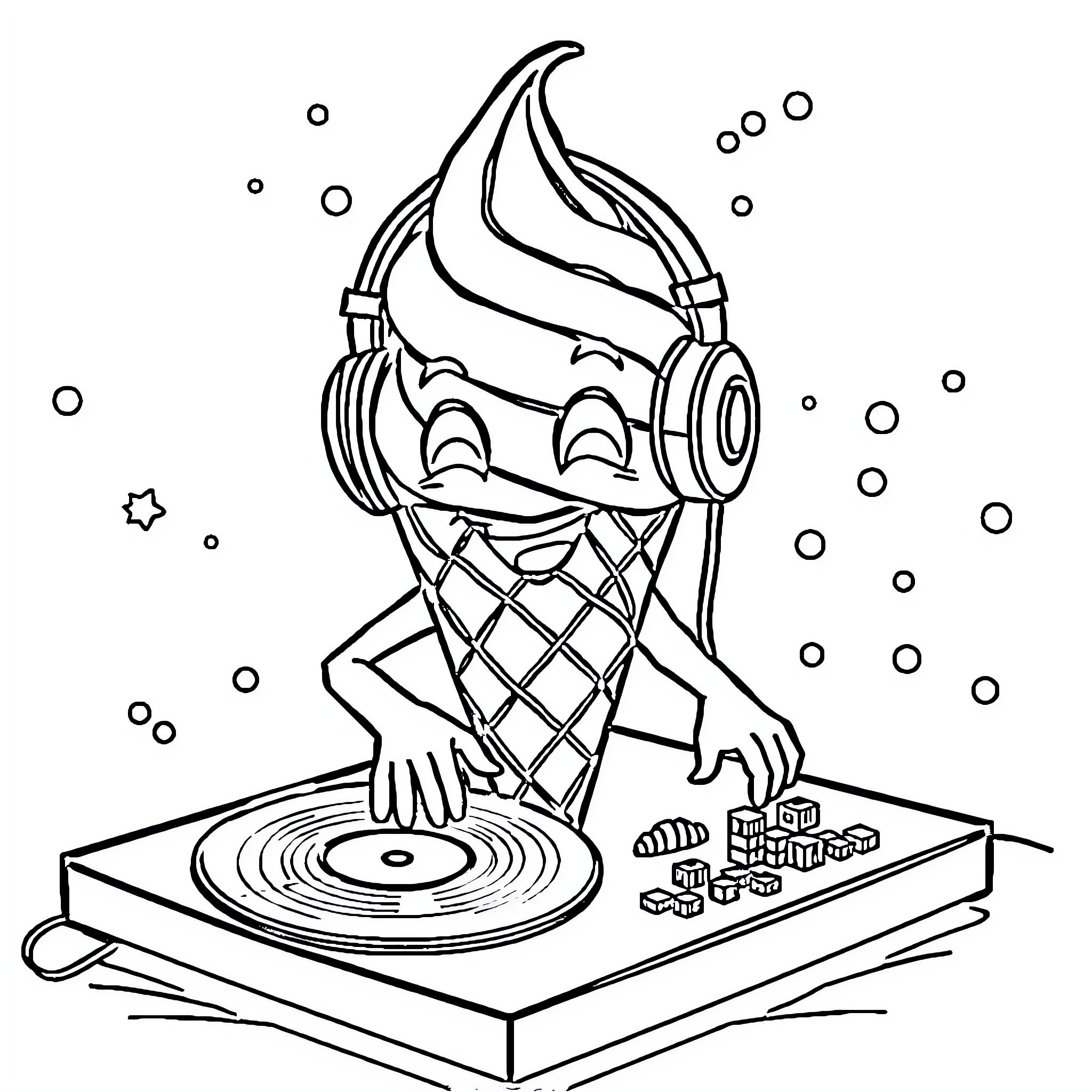 Ice Cream Cone DJ Mixing Music Coloring Page (free black-and-white line drawing printable PDF for all, from beginners to advanced learners, including children, teens, adults, and seniors)